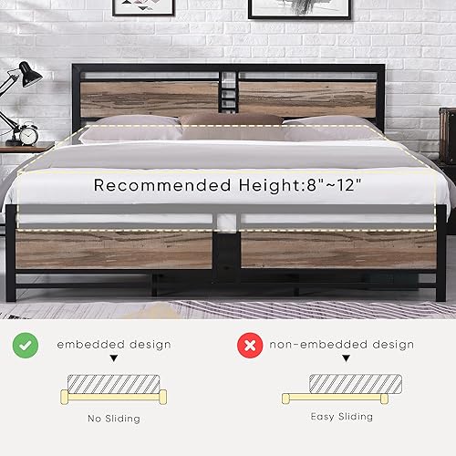 Miniatura 4 de Marco de cama King marco de cama de plataforma King con cabecera de madera industrial y 12 patas de metal de soporte fuerte fácil montaje sin ruido