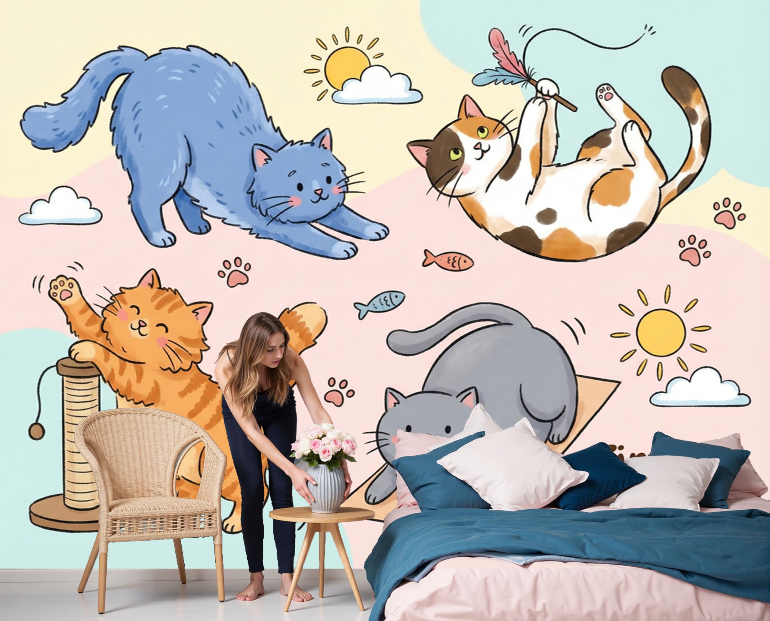 Papier peint 3D panoramique chat mignon panoramique 300x210cm pour salon