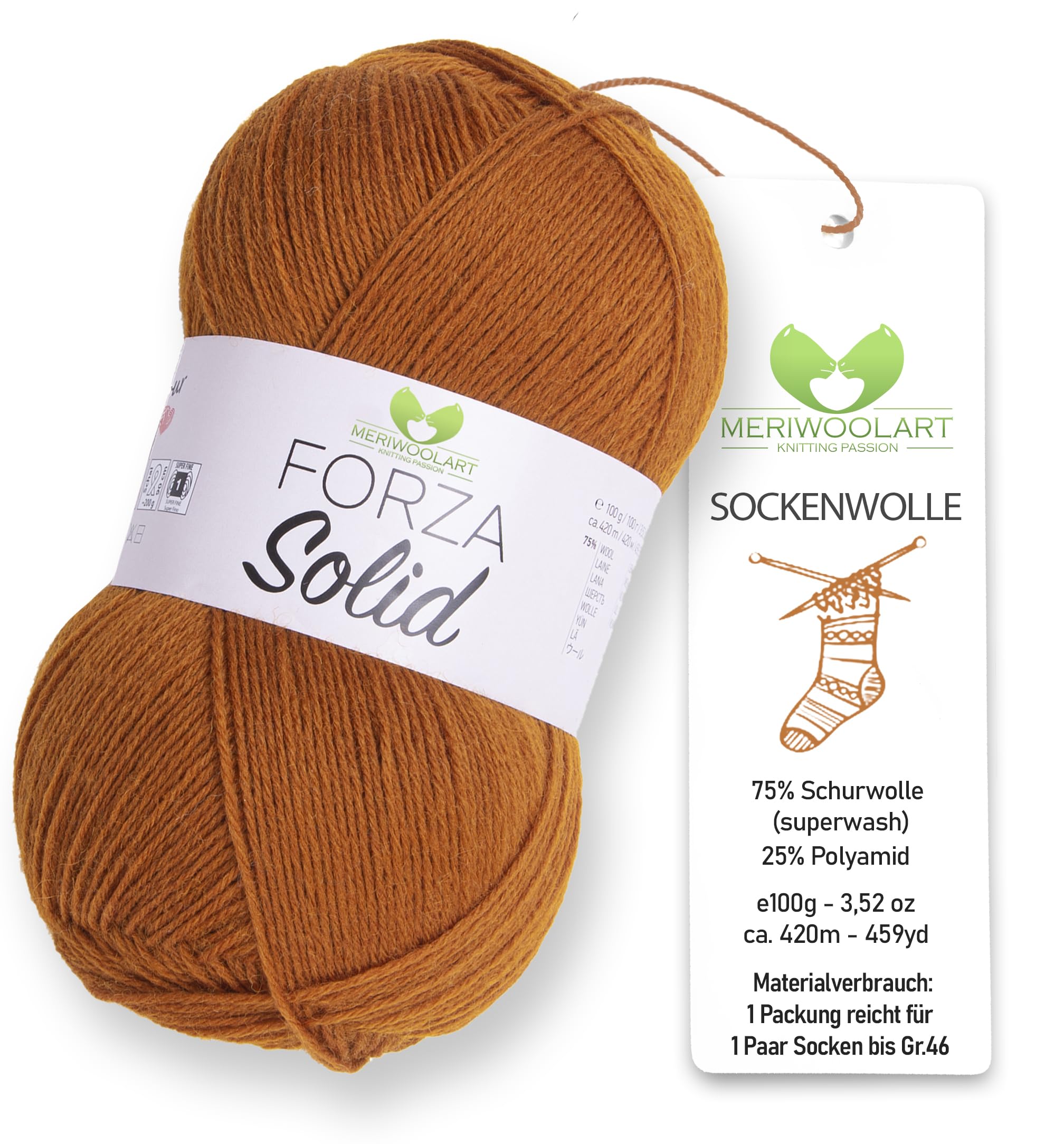 MeriWoolArt® Sock Wool 4-Ply - 100 g Merino Wool Yarn for Knitting & Crocheting, 75% Virgin Wool (Superwash), 25% Polyamide, 420 m - Ideal for Socks for Men and Women, Sweaters & Cardigans 4608
