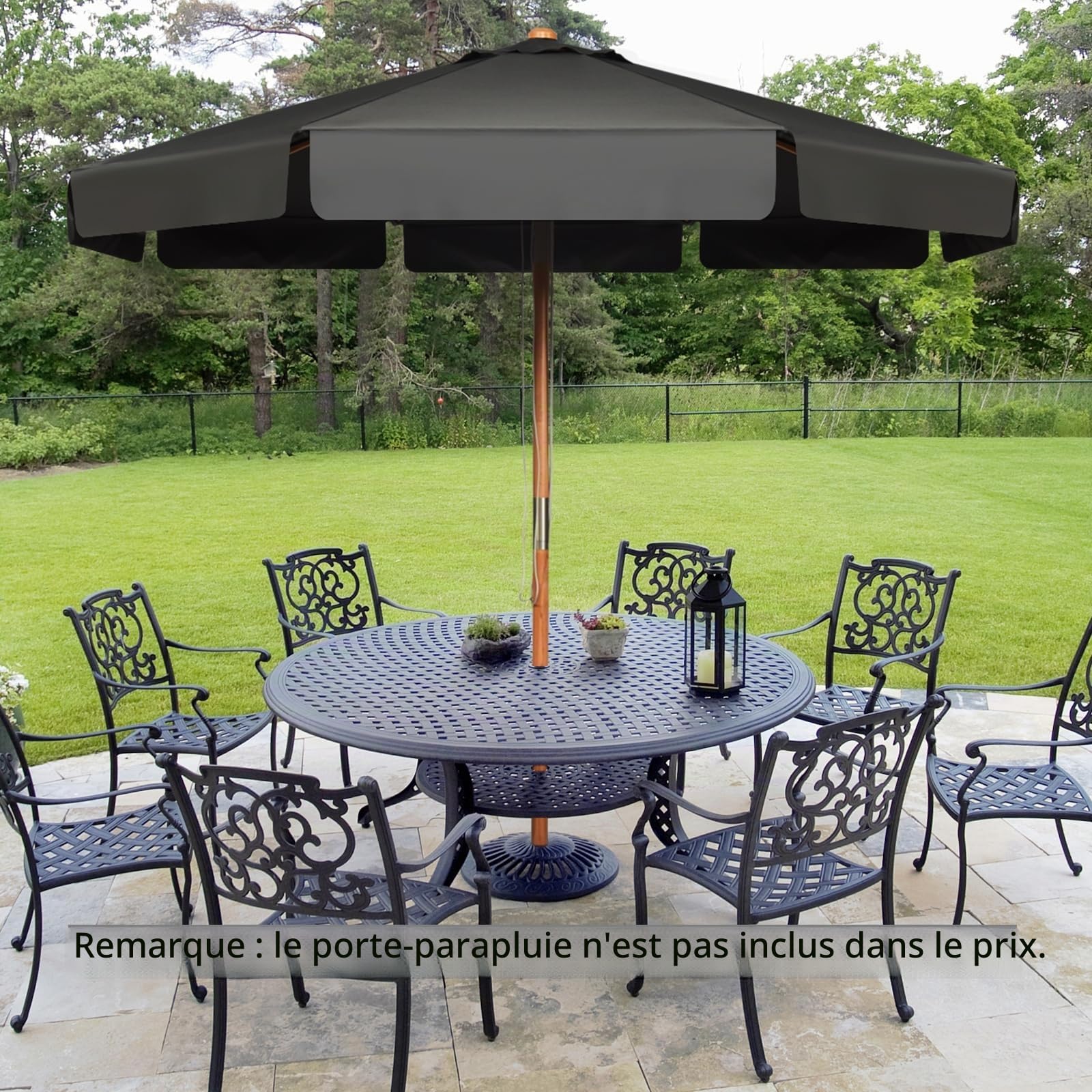 KOMFOTTEU 3M parasol de jardin en bois de hêtre inclinable, imperméable et protection solaire, parasol de plage avec 8 baleines, pour jardin, balcon, terrasse, gris, 300cm x 253cm
