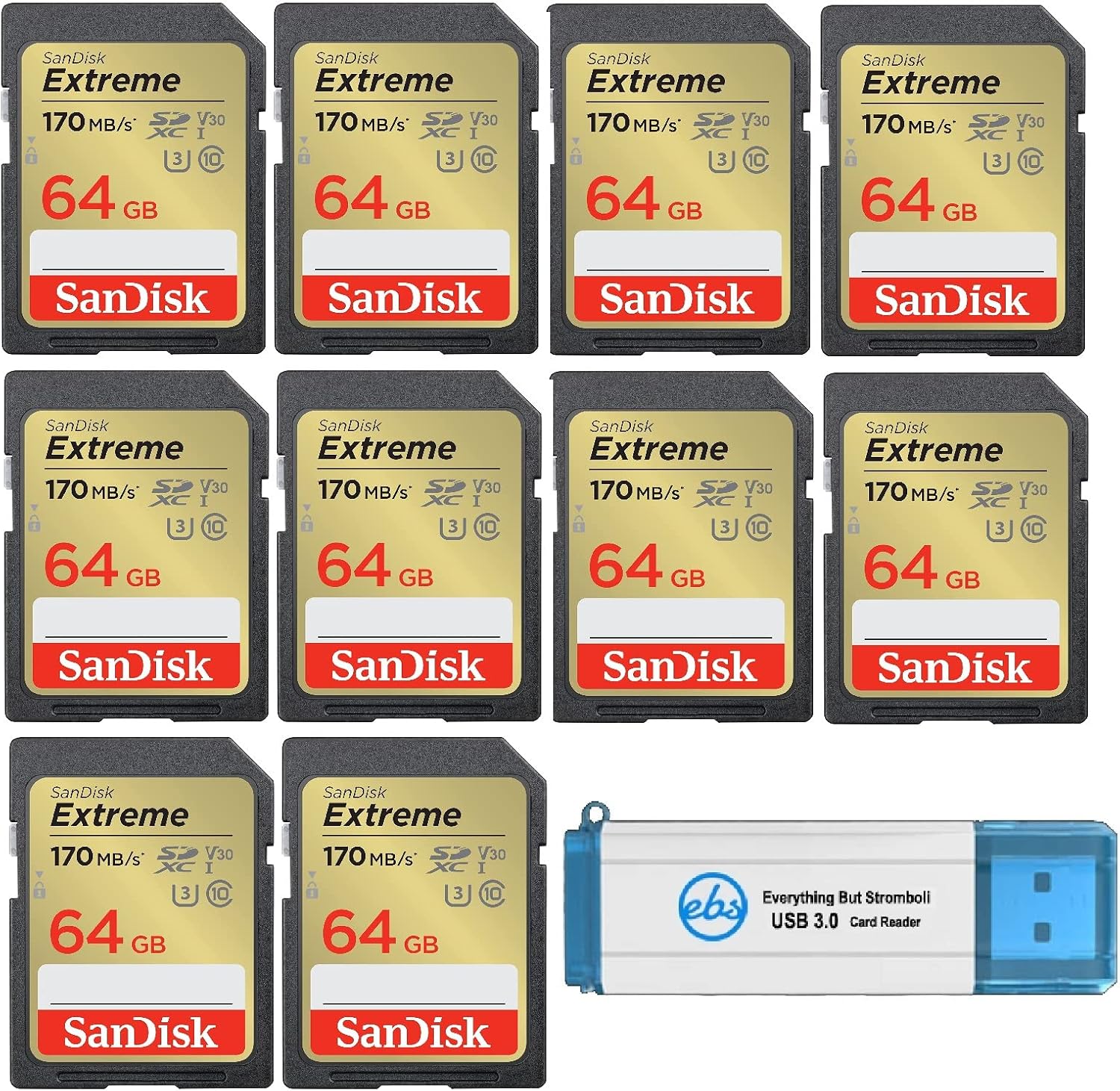 SanDisk 64GB Extreme SD Card (10 Pack) SDXC Memory Cards Compatible Browning Defender Pro Series Trail Cameras (SDSDXV2-064G-GNCIN) Bundle with (1) Everything But Stromboli 3.0 Micro & SD Card Reader