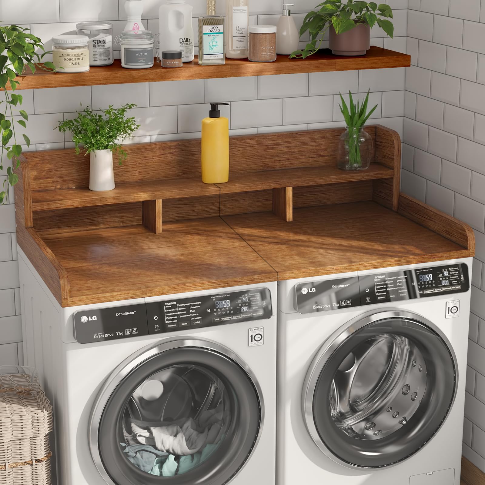 54" Washer Dryer Countertop –Double Layer Organizer for Washer and Dryer, Waterproof Surface &amp; Non-Slip Design (Walnut)