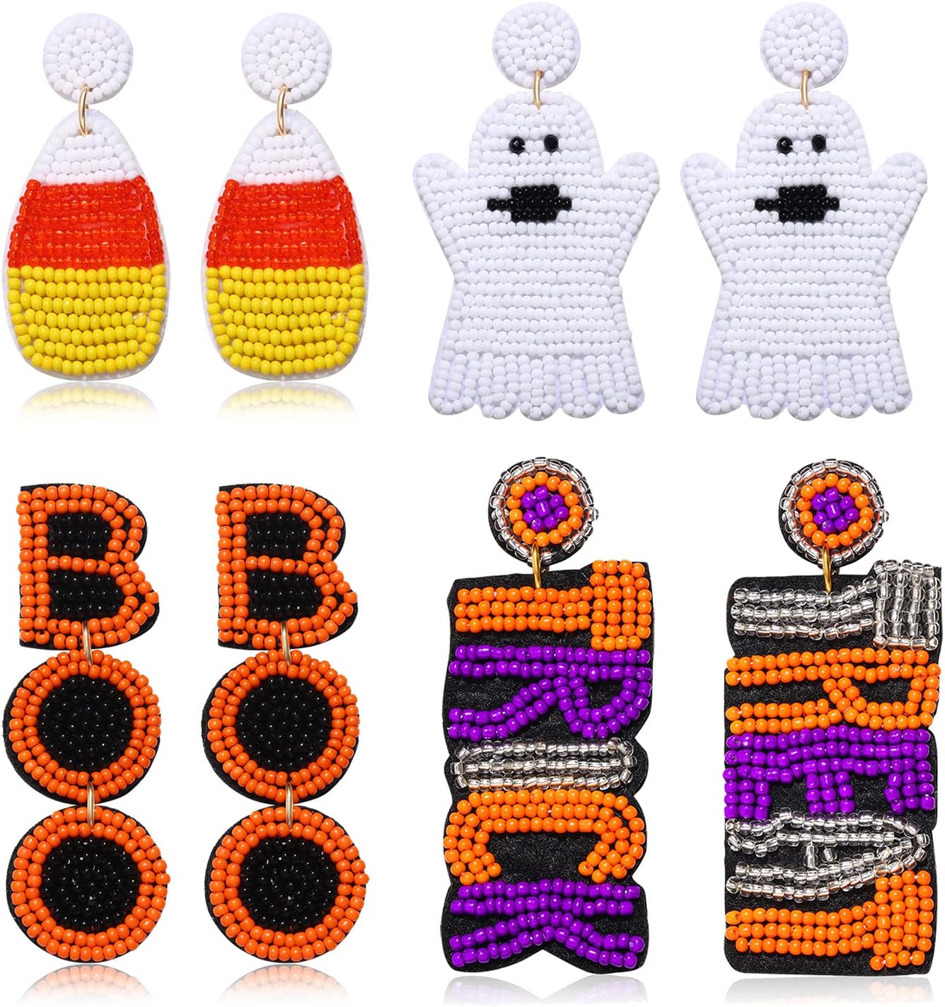 Halloween Beaded Earrings Set Spooky Boo Pumpkin Ghost Earrings for Women Candy Corn Trick Treat Drop Dangle Earrings for Cosplay Costume Parties Holiday Gifts