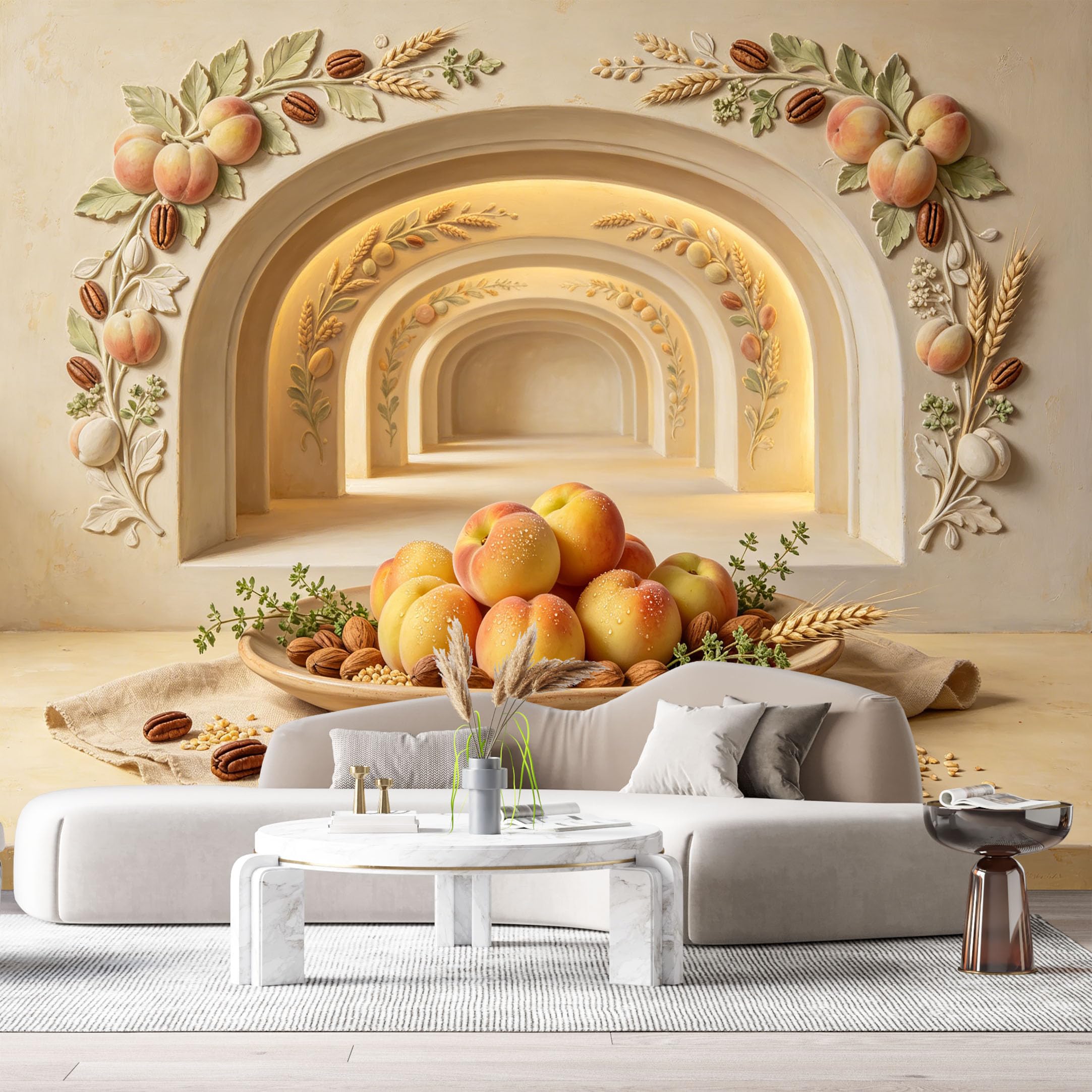 Custom Size Wall Murals Peach Fruit Still Life Farmhouse Oil Painting 3D Trompe L'Oeil SelfAdhesiveWall Fabric Removable Wallpaper Wall Decor for Living Room Bedroom Bathroom