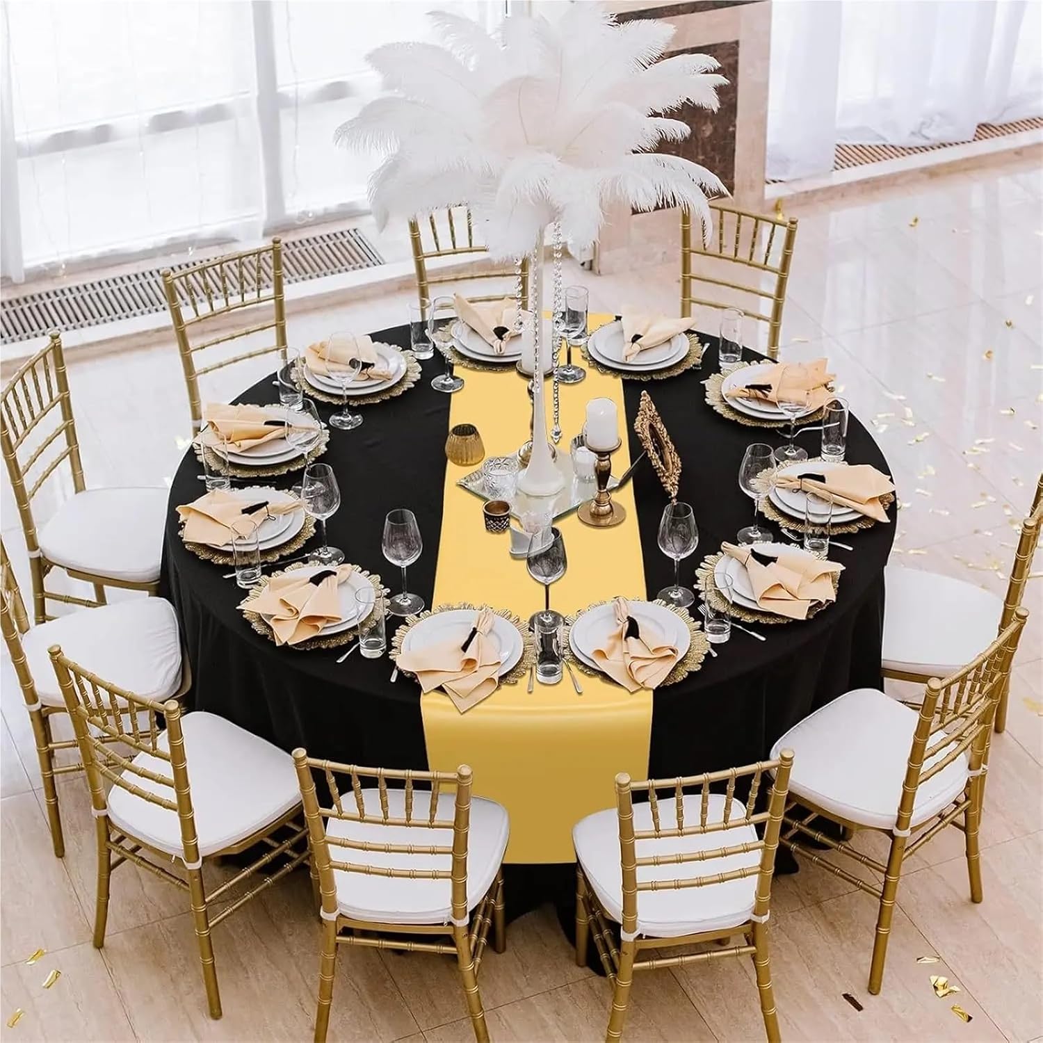 Black and Gold Round Tablecloth 4/8/16set Table Runner and Round Plastic Tablecloths Set Black and Gold Cover(4set)