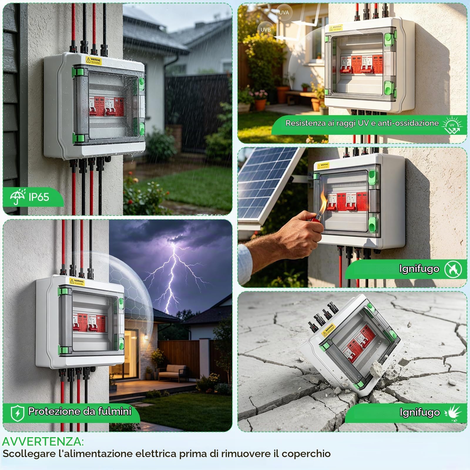 Quadro di Distribuzione, Protezione Sovratensioni DC 2-in-2 Out Sezionatore Fotovoltaico Cassetta Giunzione Solare per Impianti Fotovoltaici (2 Stringhe) 1000V DC 40A 20-40kA Quadro Connessione IP65
