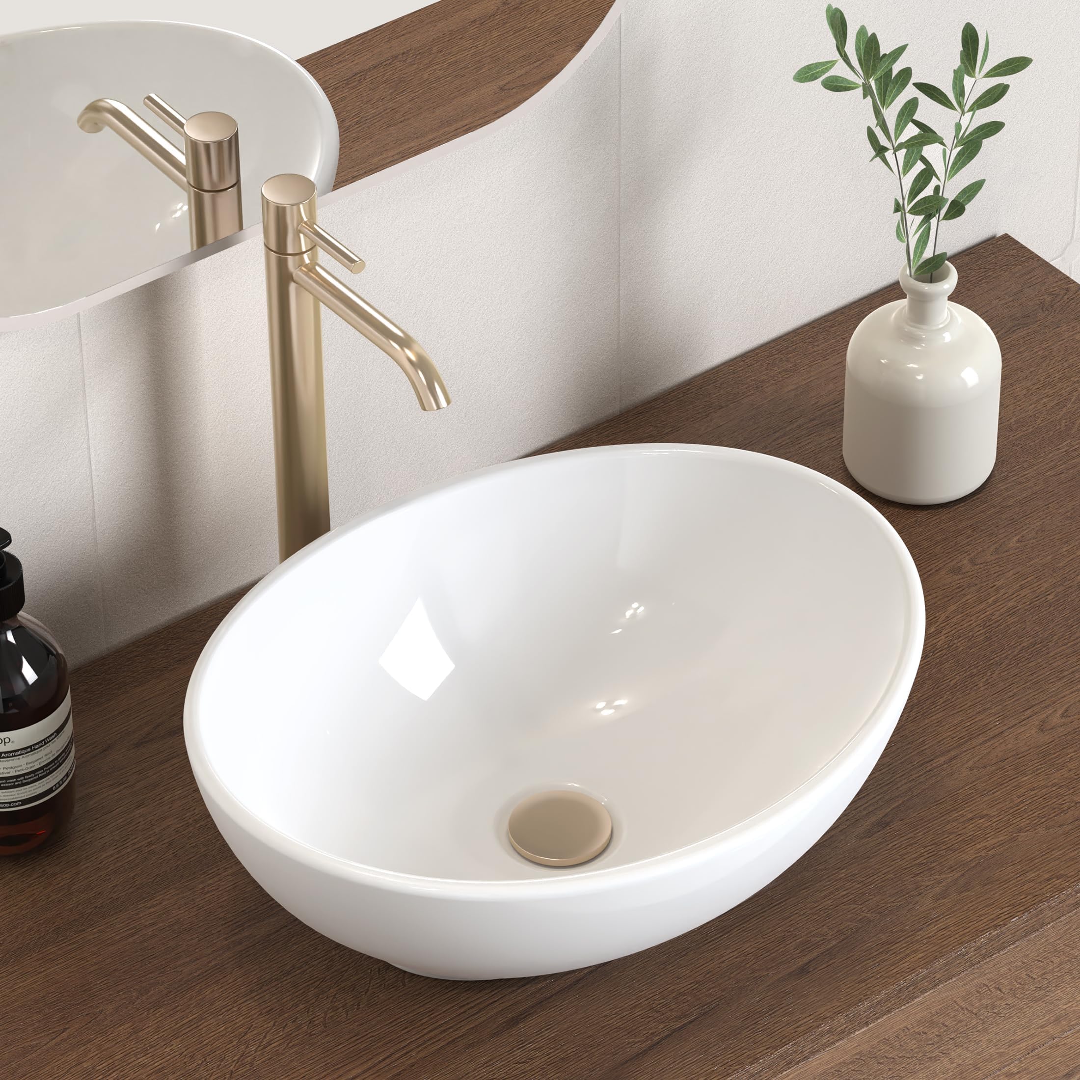 Bathroom Vessel Sink, 16" x 13" Oval Vessel Sink for Bathroom Vanity Countertop, Glossy White Ceramic Bowl Sink Egg Shape Above Counter, Modern Look, Crafted to Endure, BVS124