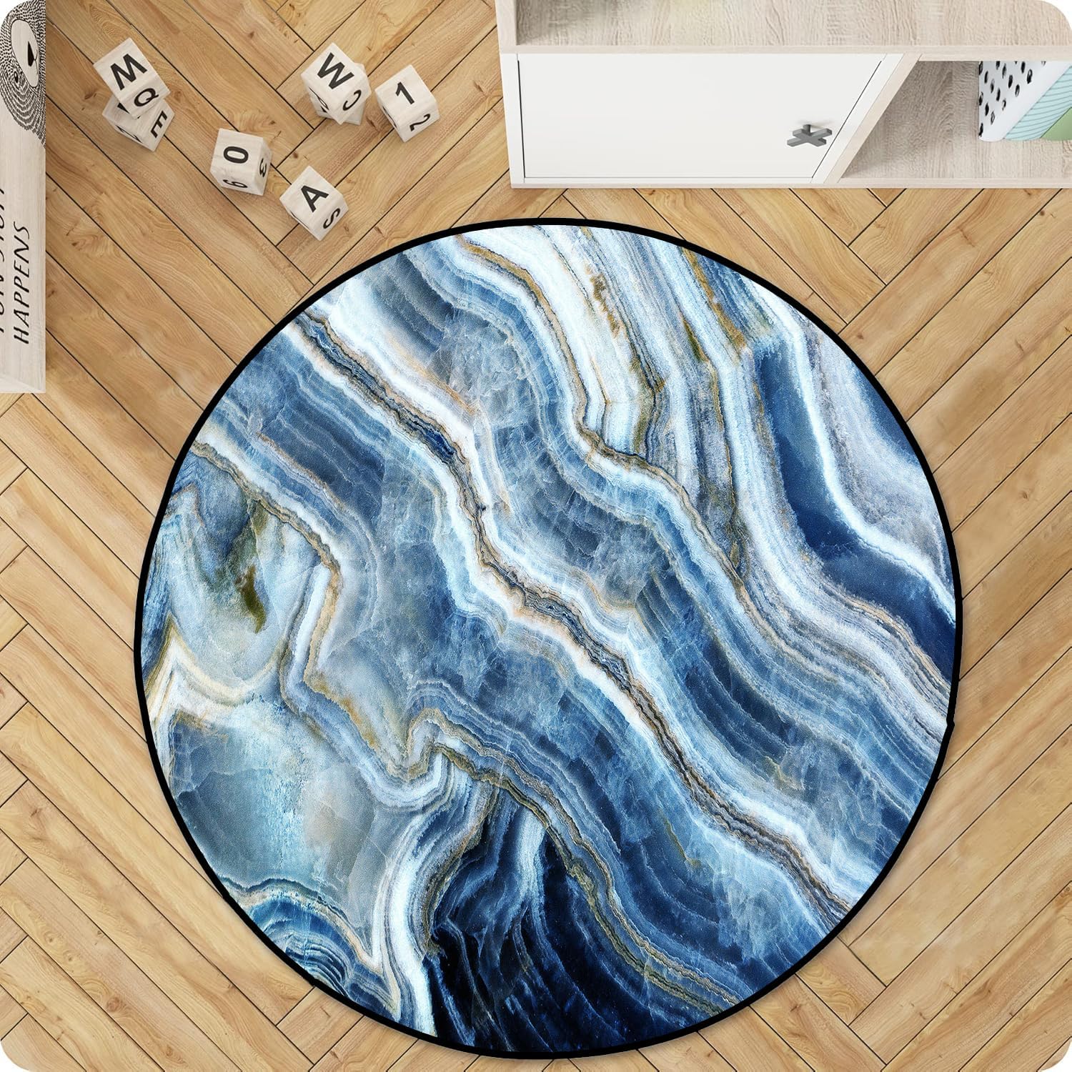 2.6 FT Washable Non Slip Round Area Rug, Medium-Pile Small Circular Rug for Bedroom, Bathroom, Entryway, Kids Room, Office, College Dorm (Blue Curly Marble)