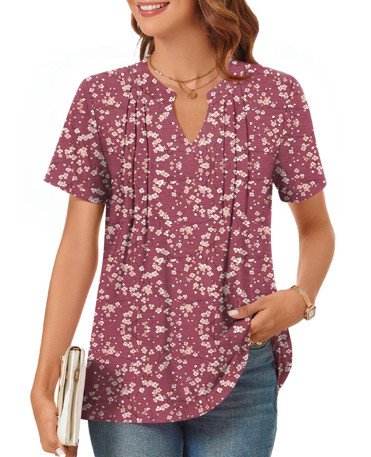 Netsmile Women's Summer Short Sleeve Tunic Tops Casual Dressy Blouses Henley V Neck Loose Fitting Shirts