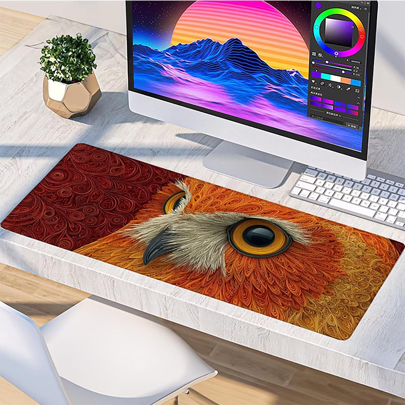 Tappetino Mouse XXL Gufo, Carino Gaming Tappetino Scrivania 1200x600x3mm, Mousepad Grande con Base in Gomma Antiscivolo, Sottomano Scrivania con Bordi Cuciti, Ufficio Accessori Gaming, per PC M-7739