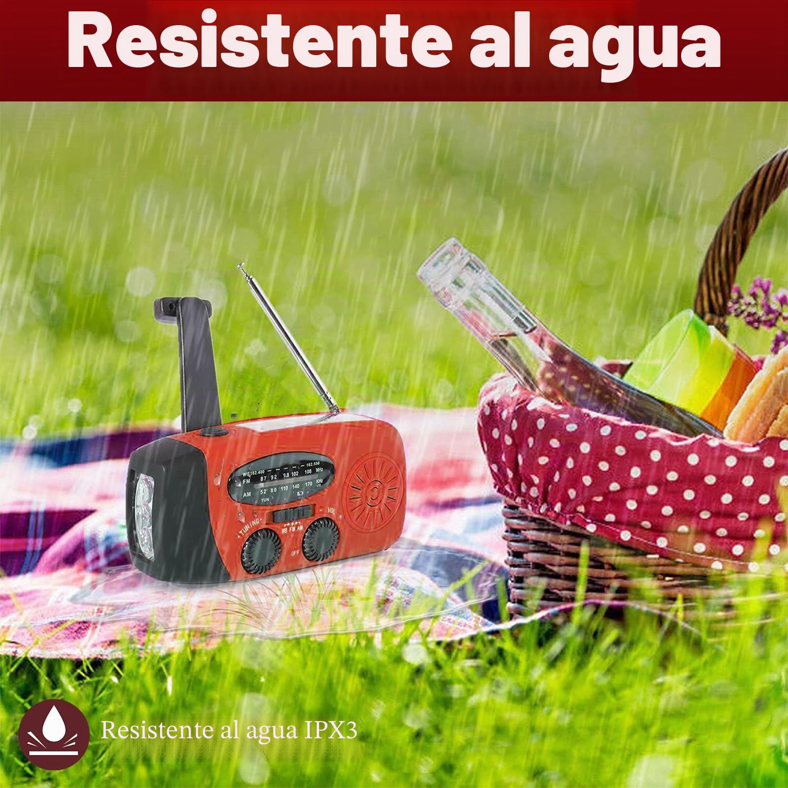 Radio solar portátil con meteorología AM/FM/NOAA, generador de manivela, 2000 mAh, cargador USB para teléfonos móviles, linterna LED, para emergencias, camping, pesca (rojo)