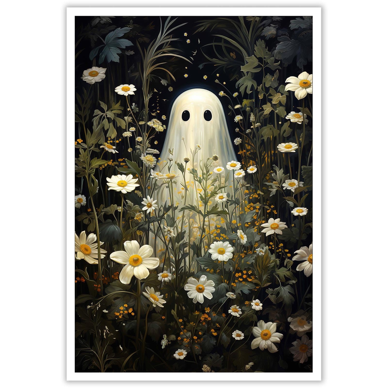 Htdsks Dark Romantic Ghost Poster Vintage Halloween Canvas Wall Art Cute Ghost In Haunted Forest Prints Painting Dark Academia Halloween Pictures Wall Decor 12x16in Unframed