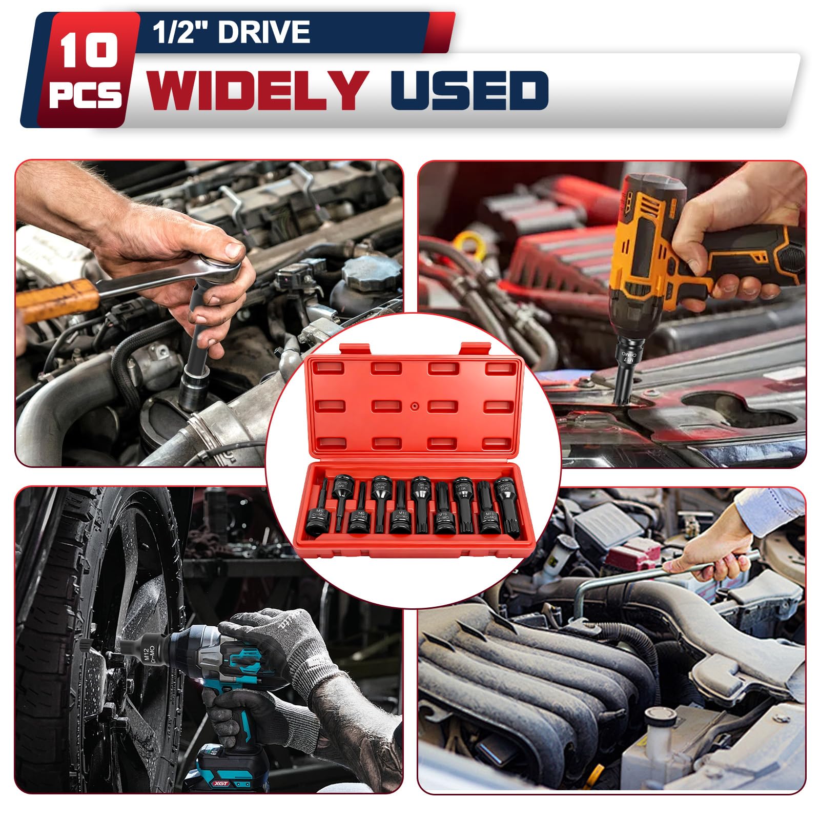 10-częściowy zestaw kluczy nasadowych XZN 1/2", wielozębowy zestaw nasadek 1/2" M5, M6, M8, M10, M12, M14, M16, M17, M18, M19 do klucza dynamometrycznego, klucza grzechotkowego