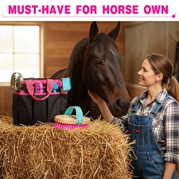 Abbylike 12 Piece Horse Grooming Kit with Organizer Tote Bag Brush Sets for Derby Day Show Horses Professional Tools for Care & Massage(Rose Red)