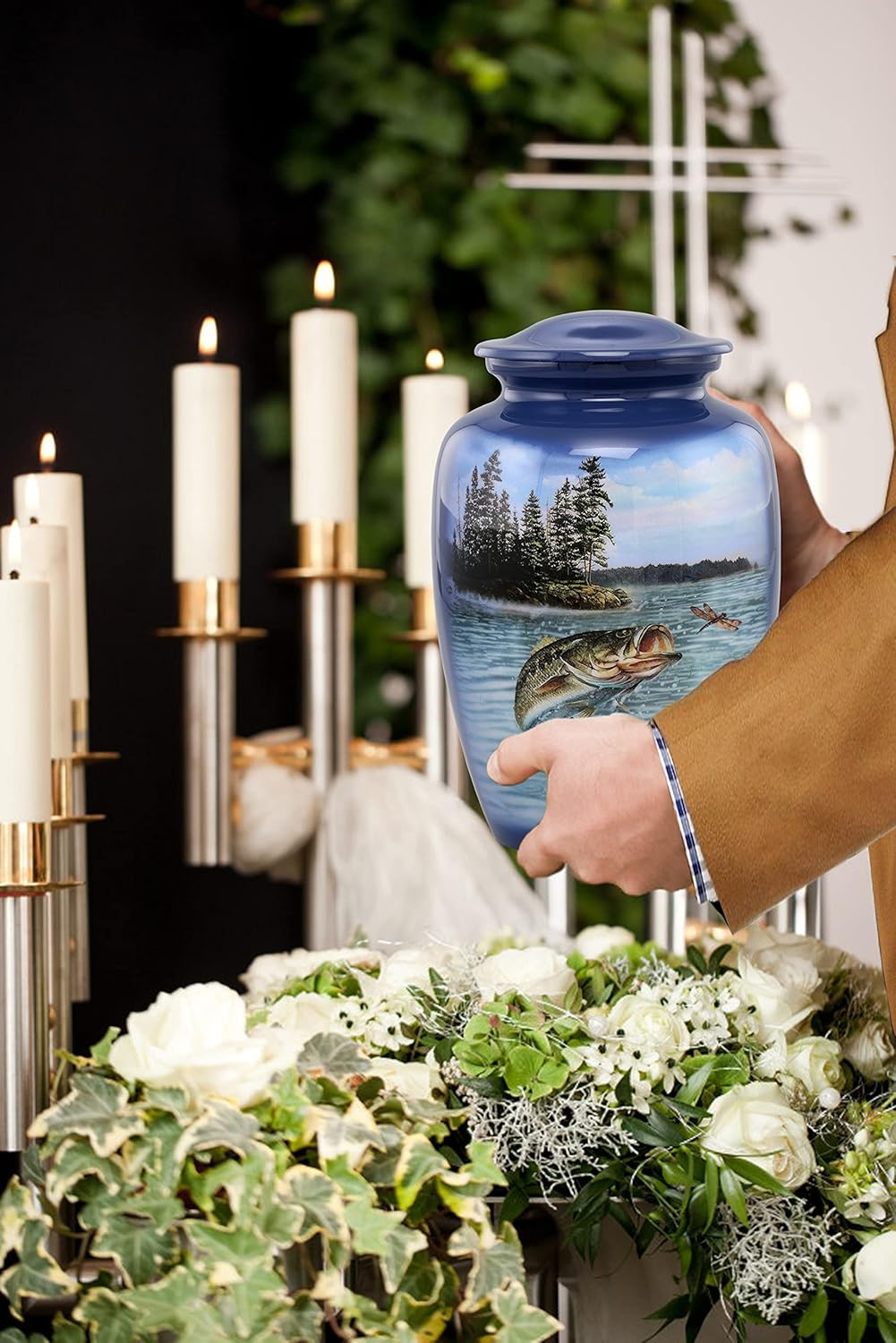 Gone Fishing Bass Cremation Urn – Adult Urn for Human Ashes up to 210 lbs – Fisherman Tribute Memorial Funeral Urn for Men and Women – Full Size Bass Fish Urn with Velvet Bag (Large)