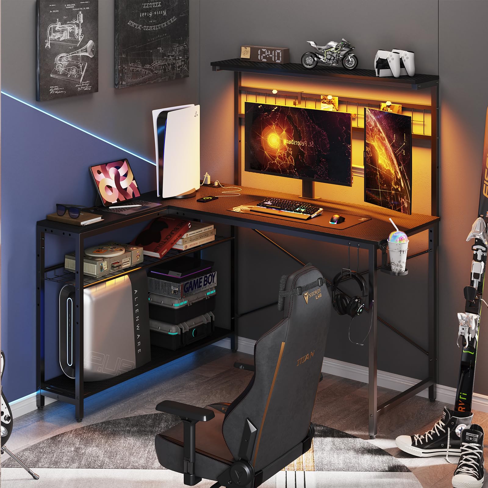 Scrivania per computer a forma di L, reversibile, con 2 ripiani e struttura in metallo, 135 x 120 x 74,5 cm, scrivania angolare per ufficio | Leroy Merlin