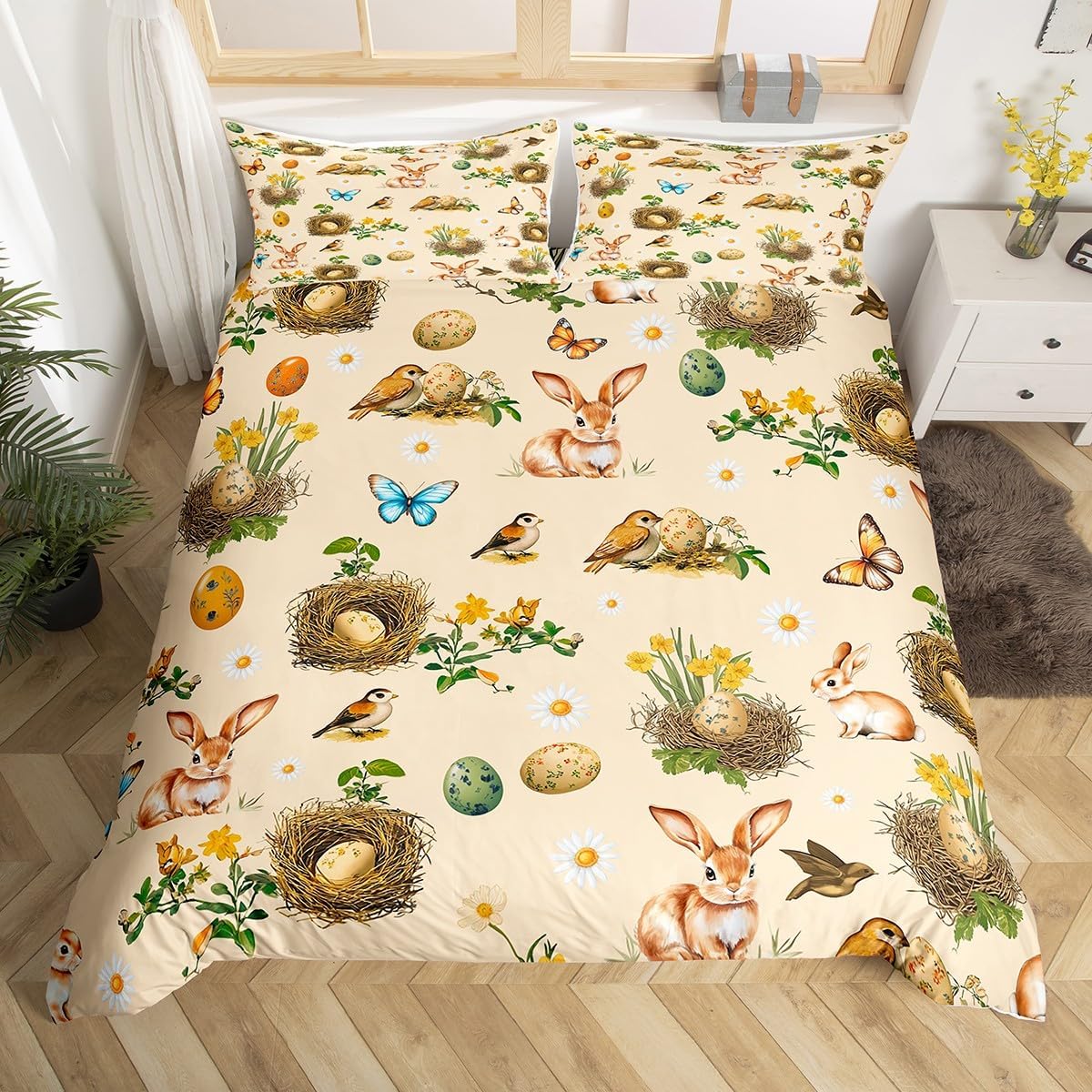 Kawaii Cats Duvet Cover Toddler Size Happy Easter Eggs Comforter Cover for Teens Kids Tulip Flower Butterfly Bedding Set Funny Cute Animal Breathable 2 Pieces Decorative Bed Cover(No Comforter)