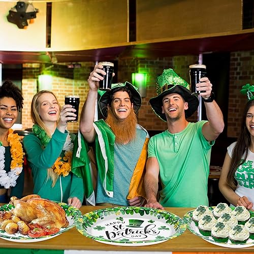 Miniatura 5 de QZYL 50 piezas de decoraciones del día de San Patricio, platos grandes de papel ovalados, platos desechables verdes, platos llanos de trébol de la