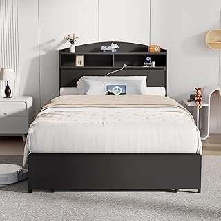 Wooden Twin Bed Frame with Smart Storage Headboard & Drawer, 3-in-1 USB Charging Station, No Box Spring Required, Non-Slip Design, Perfect for Kids, Teens, or Guest Room (No Door Black, Twin)