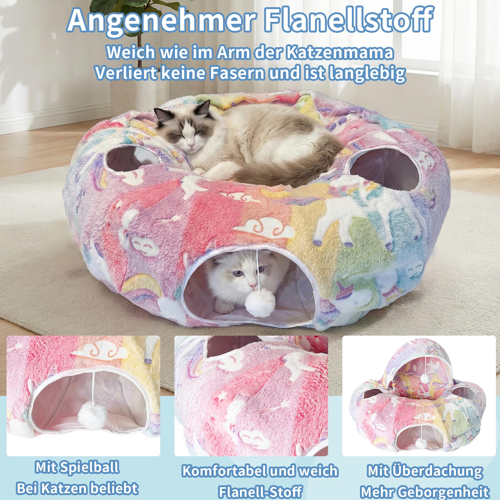 Katzenbett mit Leuchtfunktion, XXL Plüsch Katzentunnel mit Ball, Große Rascheltunnel Katzenhöhle Katzenspielzeug für Katzen Kaninchenoder Welpen