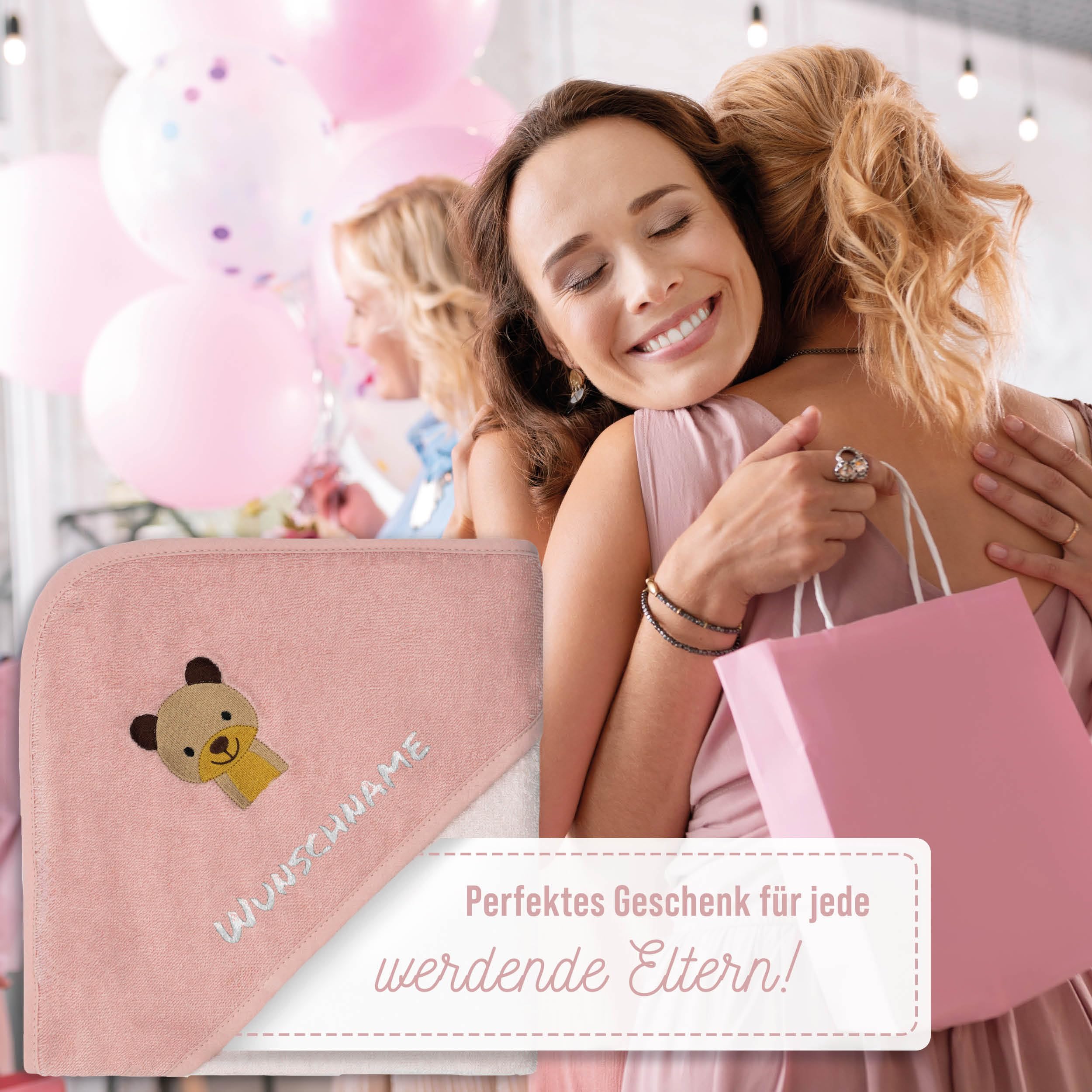 Kapuzenhandtuch Baby mit Namen Bestickt, Oeko-TEX® Standard 100 - Personalisiertes Babyhandtuch mit Kapuze aus Reiner Baumwolle mit gesticktem Namen und Motiv (Rosa, 100 x 100 cm)