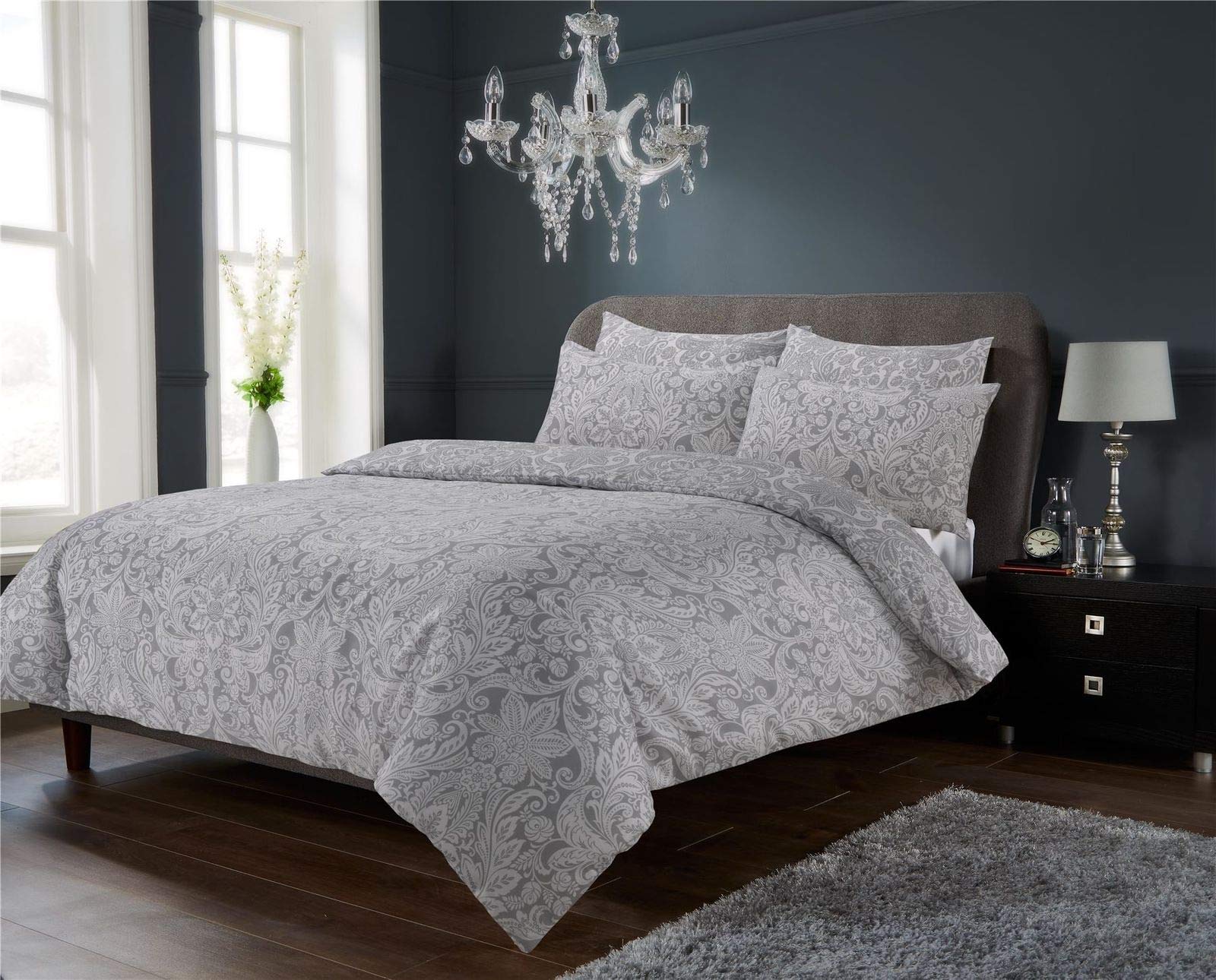 Looms & Leaves Grey Luxury Chantilly Damask Printed Reversible Duvet Cover + Pillow Case Bedding Set (, Single)