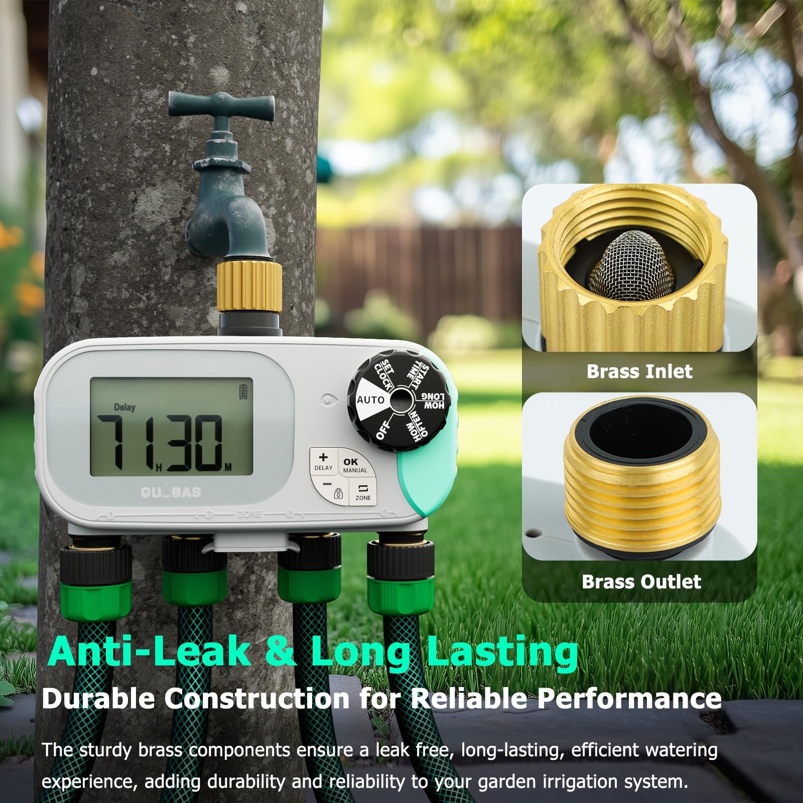 Timer for irrigazione programmabile con ingresso e uscita in ottone a 4 zone, di irrigazione del prato con ritardo pioggia/manuale/automatico
