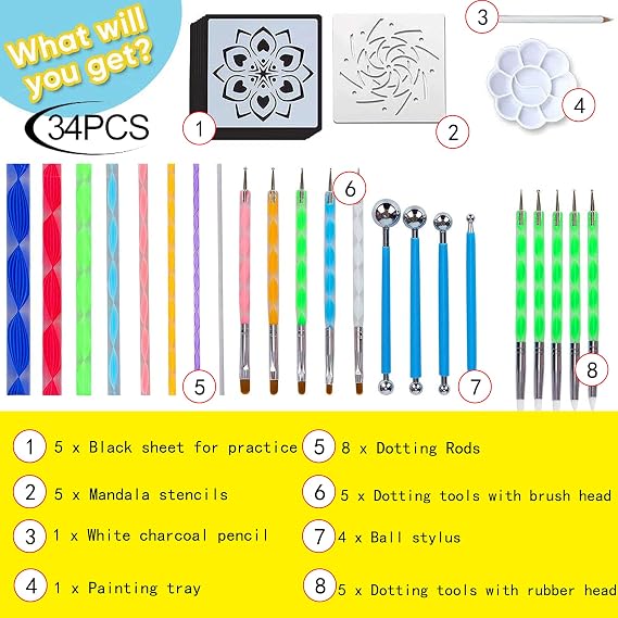 Hakkin Mandala Dotting Tools for Painting Rocks - 34PCS Dot Mandala Kit