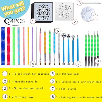 Hakkin Mandala Dotting Tools for Painting Rocks - 34PCS Dot Mandala Kit