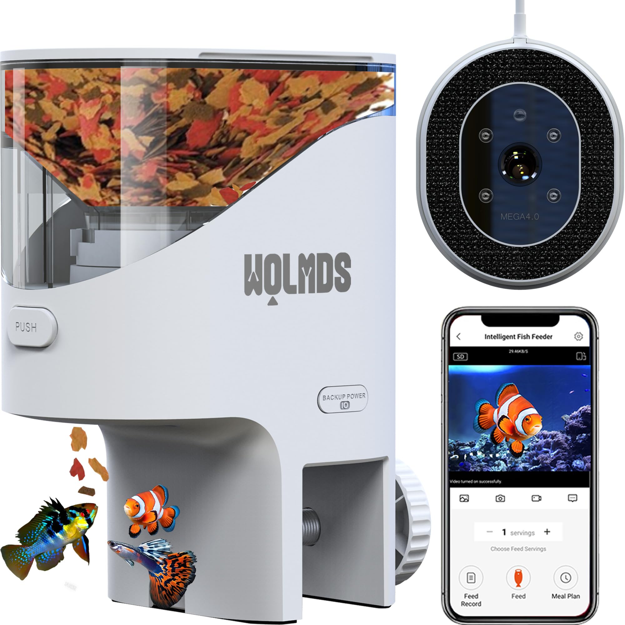 Wolmds WiFi Futterautomat Aquarium mit 2,5K Kamera, 2,4/5G Smart App, 0,2g Präzision für Flockenfutter, 200ML Feuchtigkeitsschutz, Sicherer Automatischer Fischfutterautomat für Urlaub & Alltag