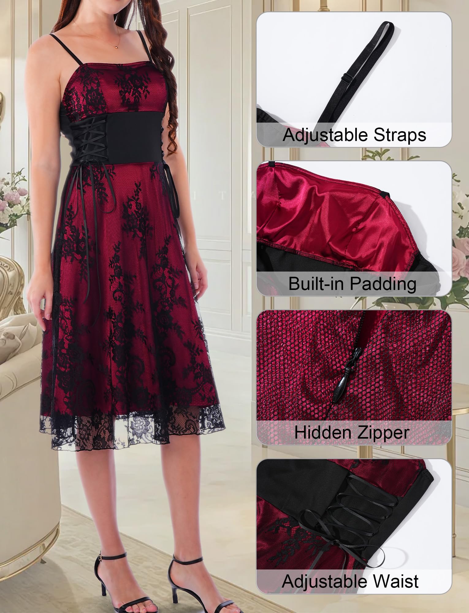 Womens Gothic Vintage Gowns Victorian Mesh Flowy Costumes Spaghetti Strap Bride Wedding Dress Medieval Western Outfit Lace Vampire Dresses Wine Red S - Image 4