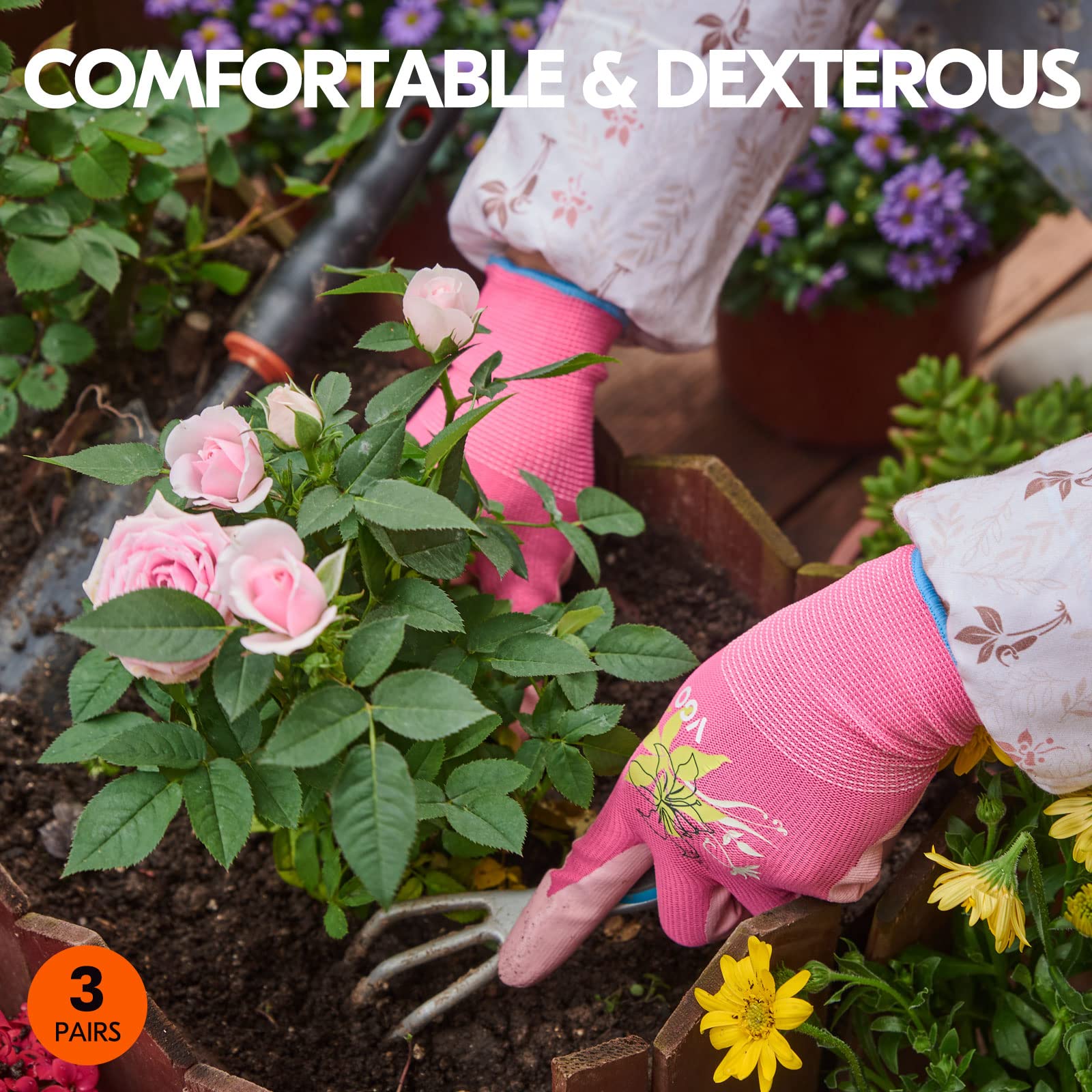 Vgo... 3 Pairs of Nitrile-Coated Gloves, Gardening and Work Gloves, for Women (NT2110) — view 5