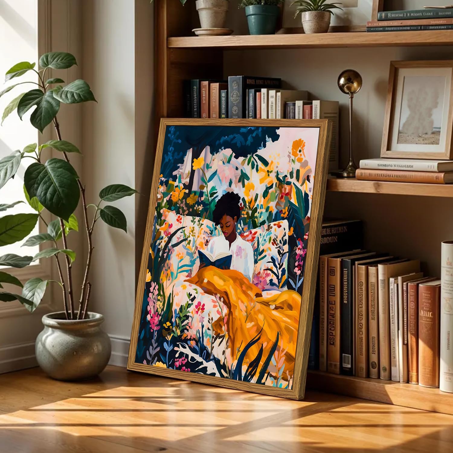 Framed Black Woman Reading Wall Art, Boho Black Girl Colorful Floral Paintings Wall Decor, African American Pictures Canvas Prints Aesthetic Home Decor for Living Room Bedroom Dorm 12x16 inch