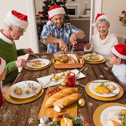 Miniatura 5 de Paquete de 3 manteles de grano de madera marrón navideño, manteles de plástico de madera con purpurina dorada con copos de nieve de Navidad, telón