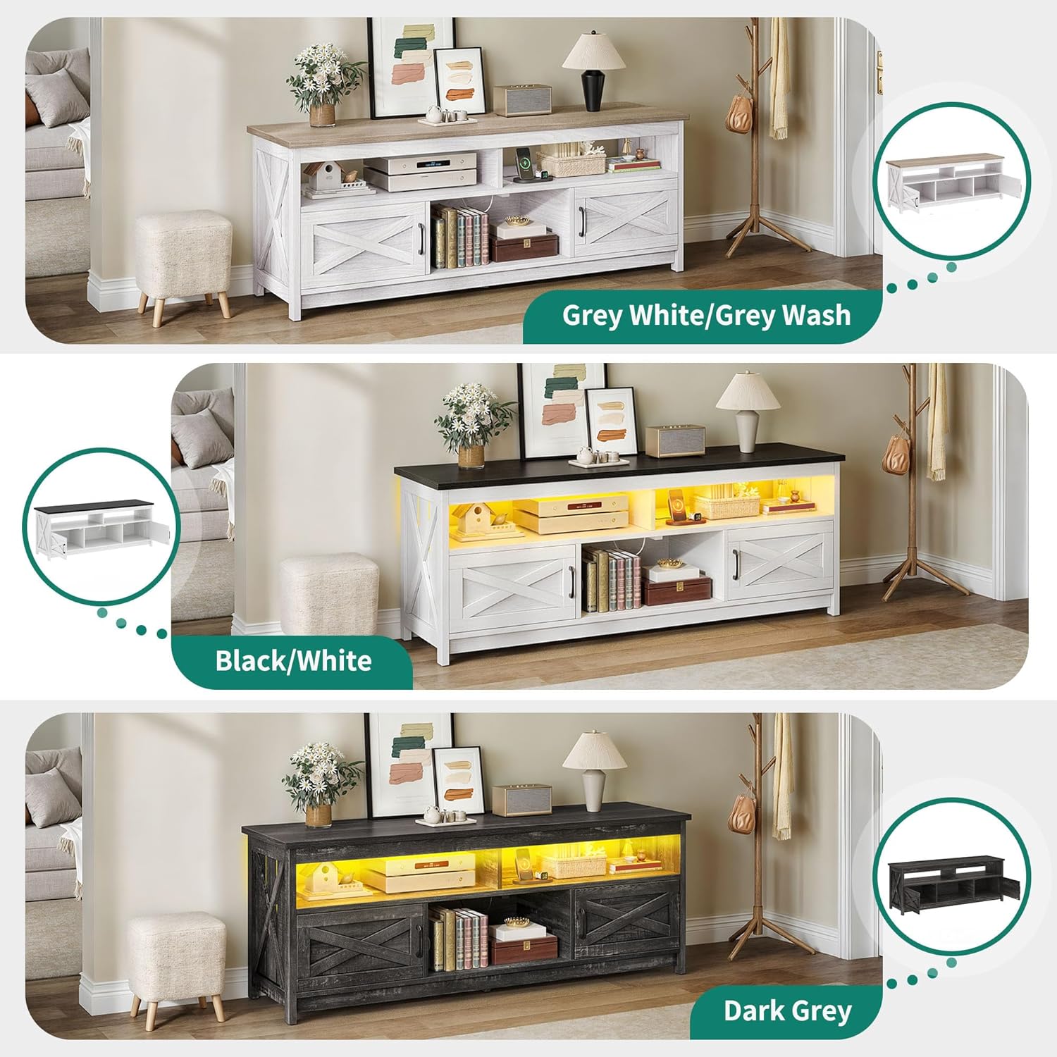 YITAHOME Farmhouse TV Stand for 65/75 Inch Television, Entertainment Center Television Stand with Power Outlets and Open Shelf, Media Console TV Cabinet for Living Room, Grey White/Grey Wash - Image 2