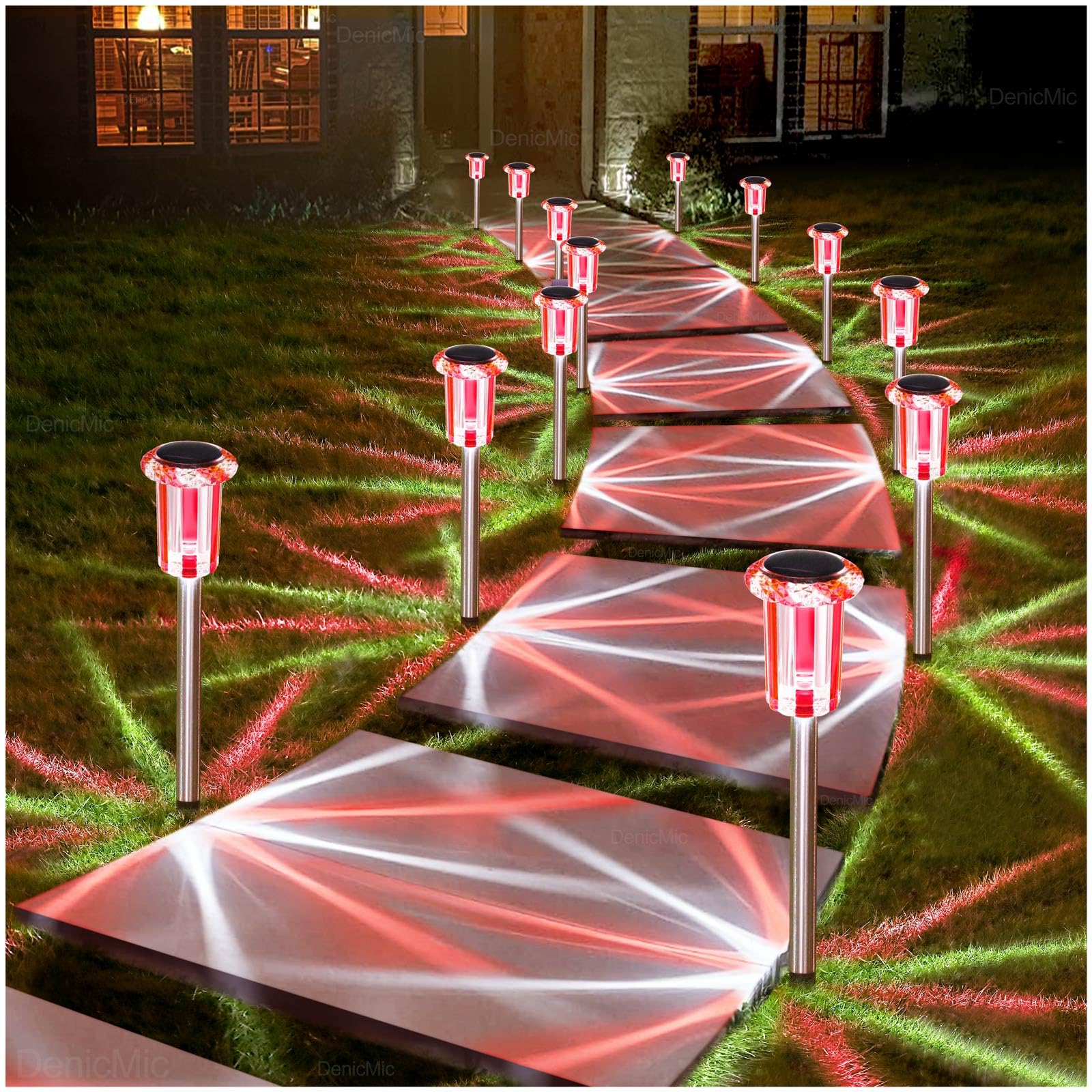 DenicMic Solar Lights Outdoor 10 Pack Waterproof Red White LED Stainless Steel Stake Outside Lights for Yard Pathway Garden Driveway Walkway Landscape Path Lighting Valentines Day Decorations