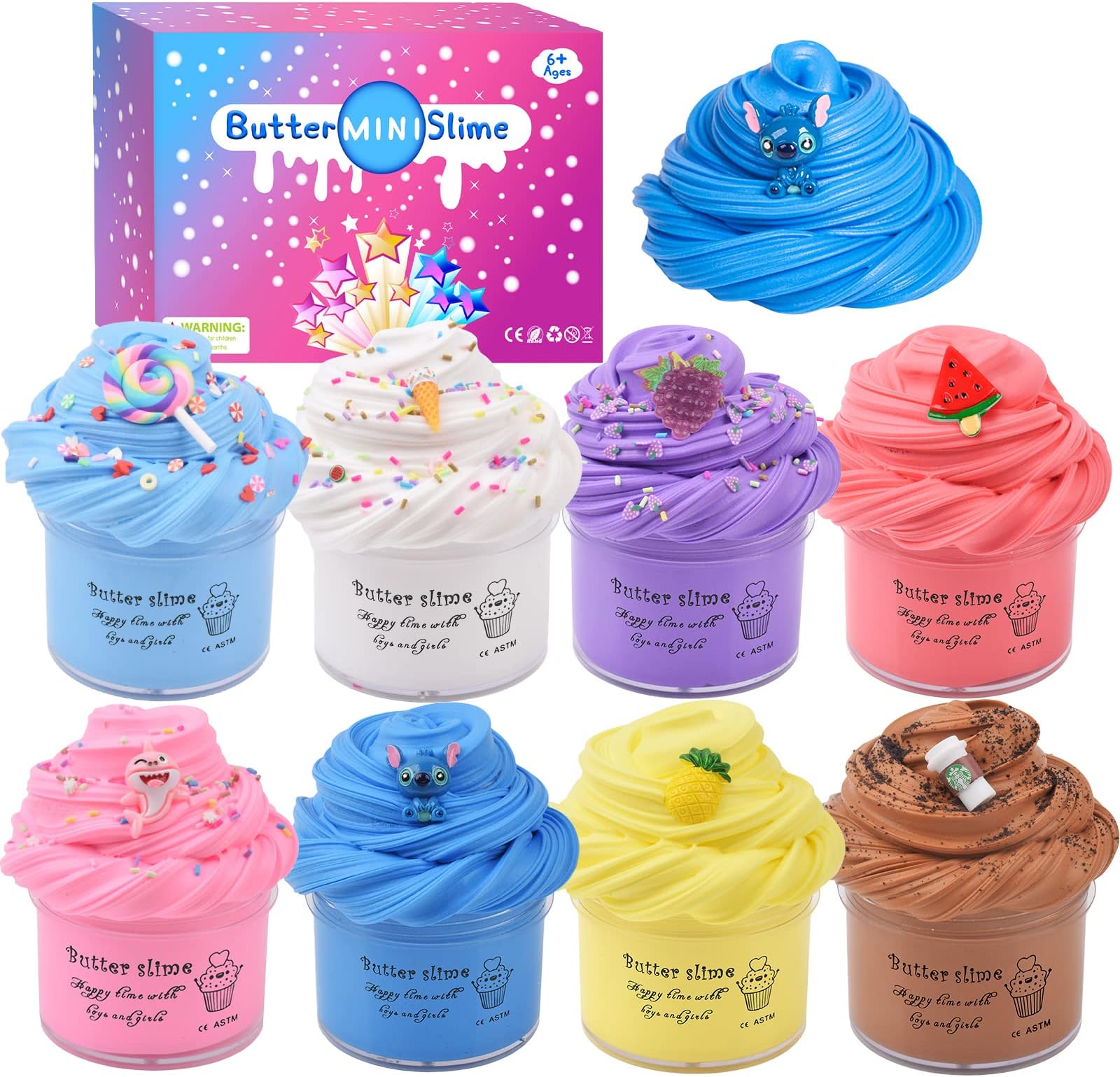 Petyuioyu 8 Pack Fluffy Slime Kit With Butter Slime,Fluffy Soft and Non-Stick,Include Stitch Ice Cream Coffee Slime Charms, Stress Relief Toys for Kids, Active Party Gifts, DIY Items