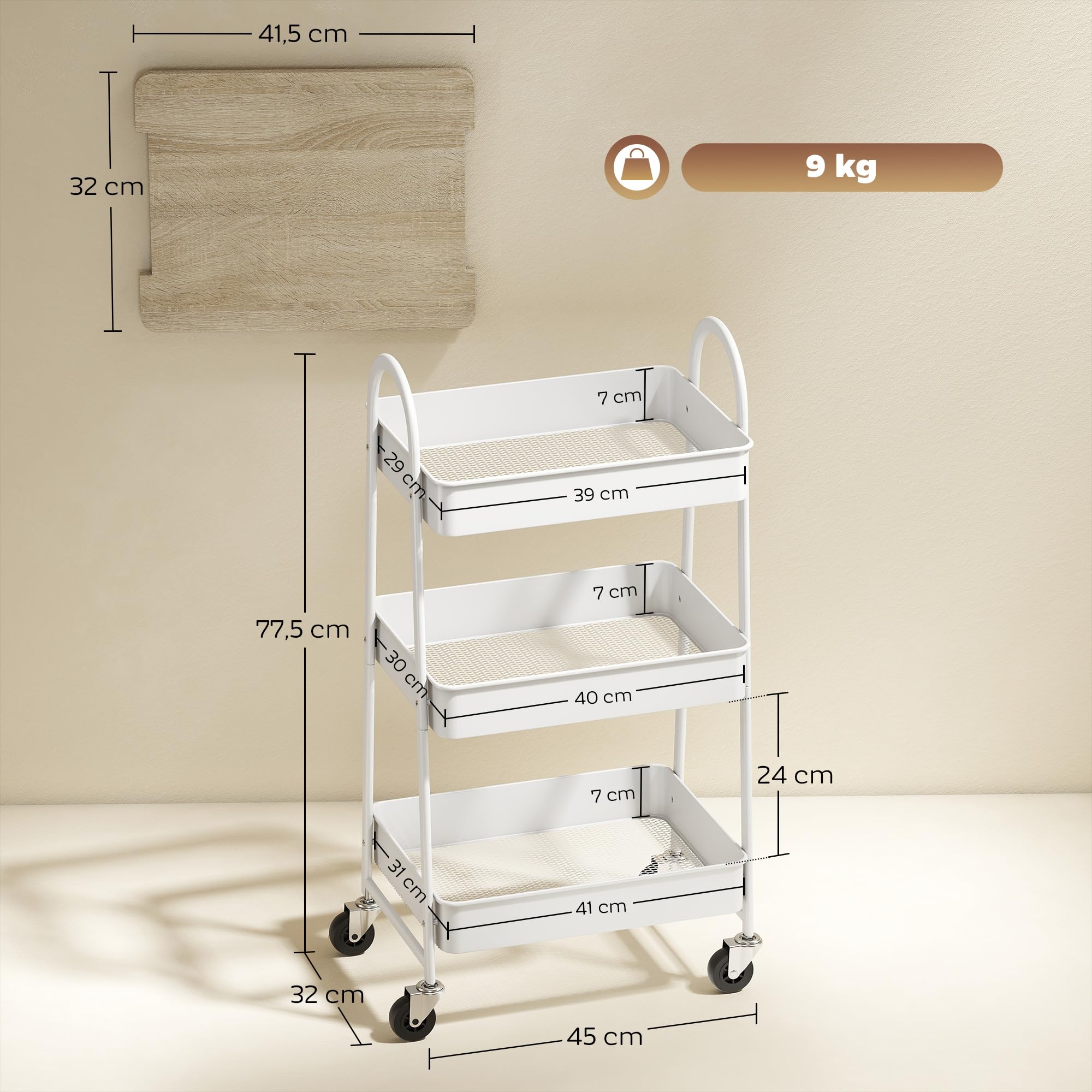 HOMCOM Desserte Cuisine, Chariot de Service à 3 Niveaux, avec Plateau supérieur, paniers en Maille, poignées, Chariot de Rangement à roulettes pour Salon, Bureau, Cuisine, 45 x 32 x 77,5 cm, chêne