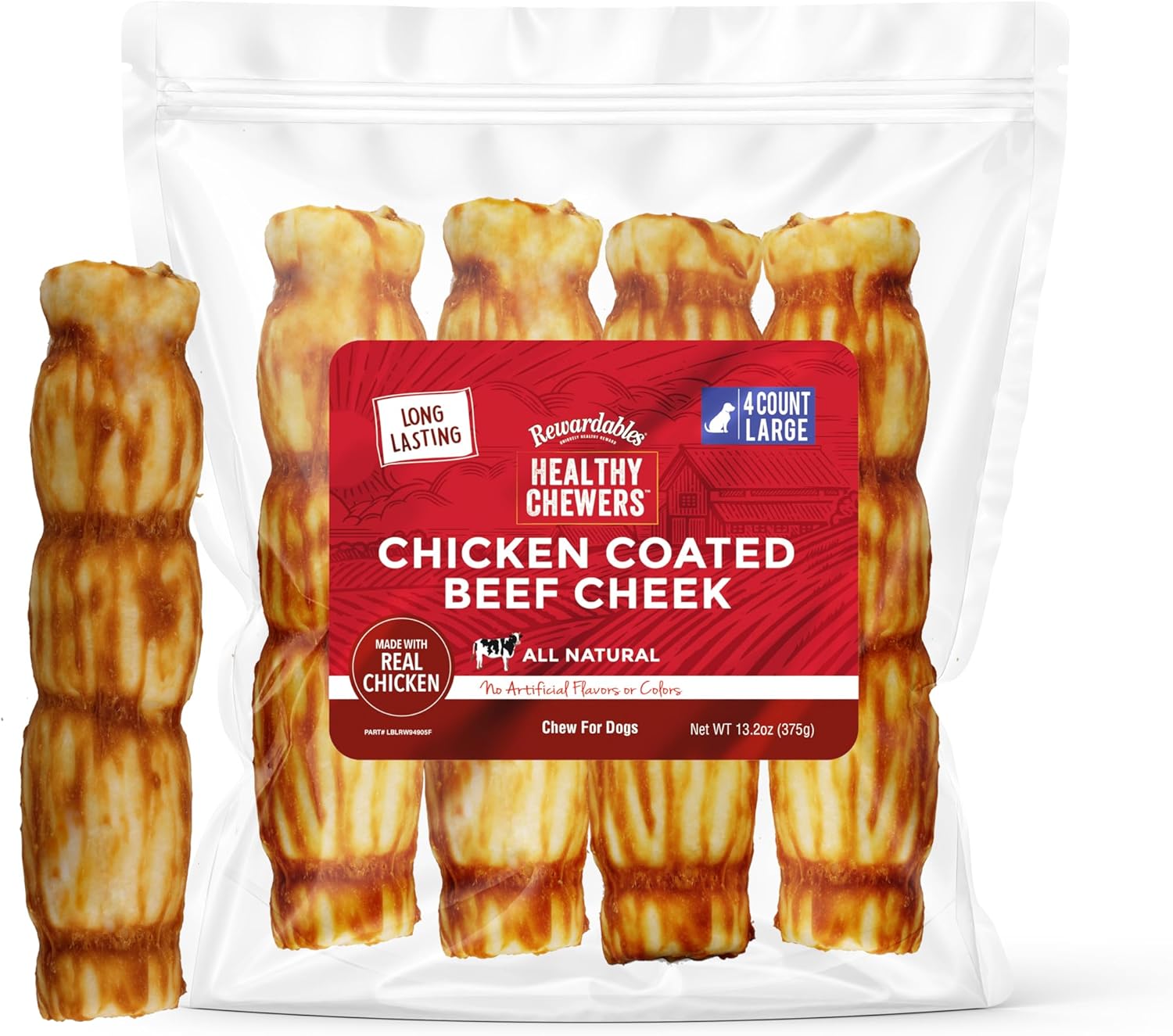 Rewardables Chicken Coated Beef Cheek Rolls for Dogs - Large - 4 Pack