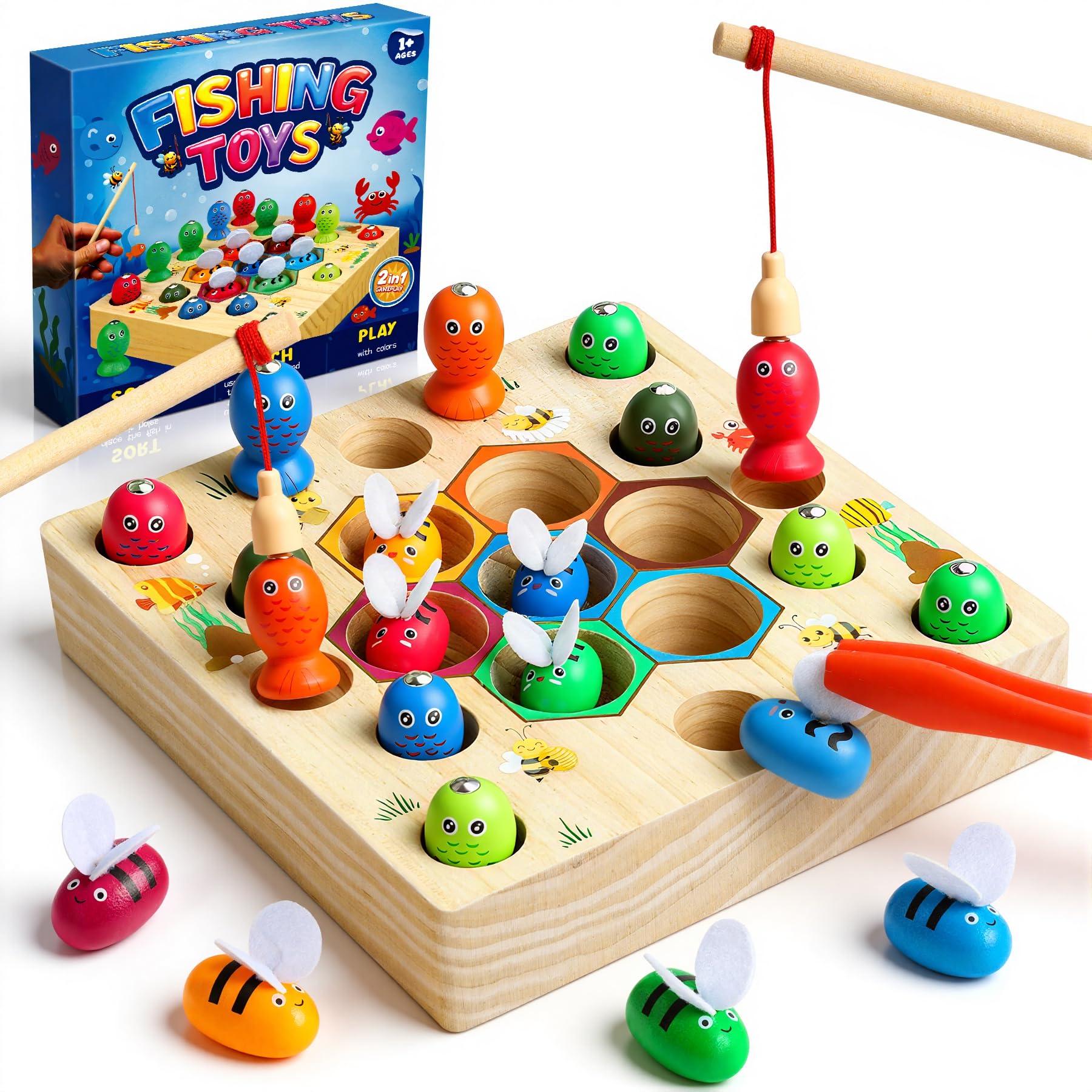 COOLJOY Wooden Fishing Game Toys Gifts for 2 3 4 Year Old Boy Girl | 2-in-1 Magnetic Wooden Toy | Montessori and Motor Skills Educational Suitable for Babies Birthday Gifts