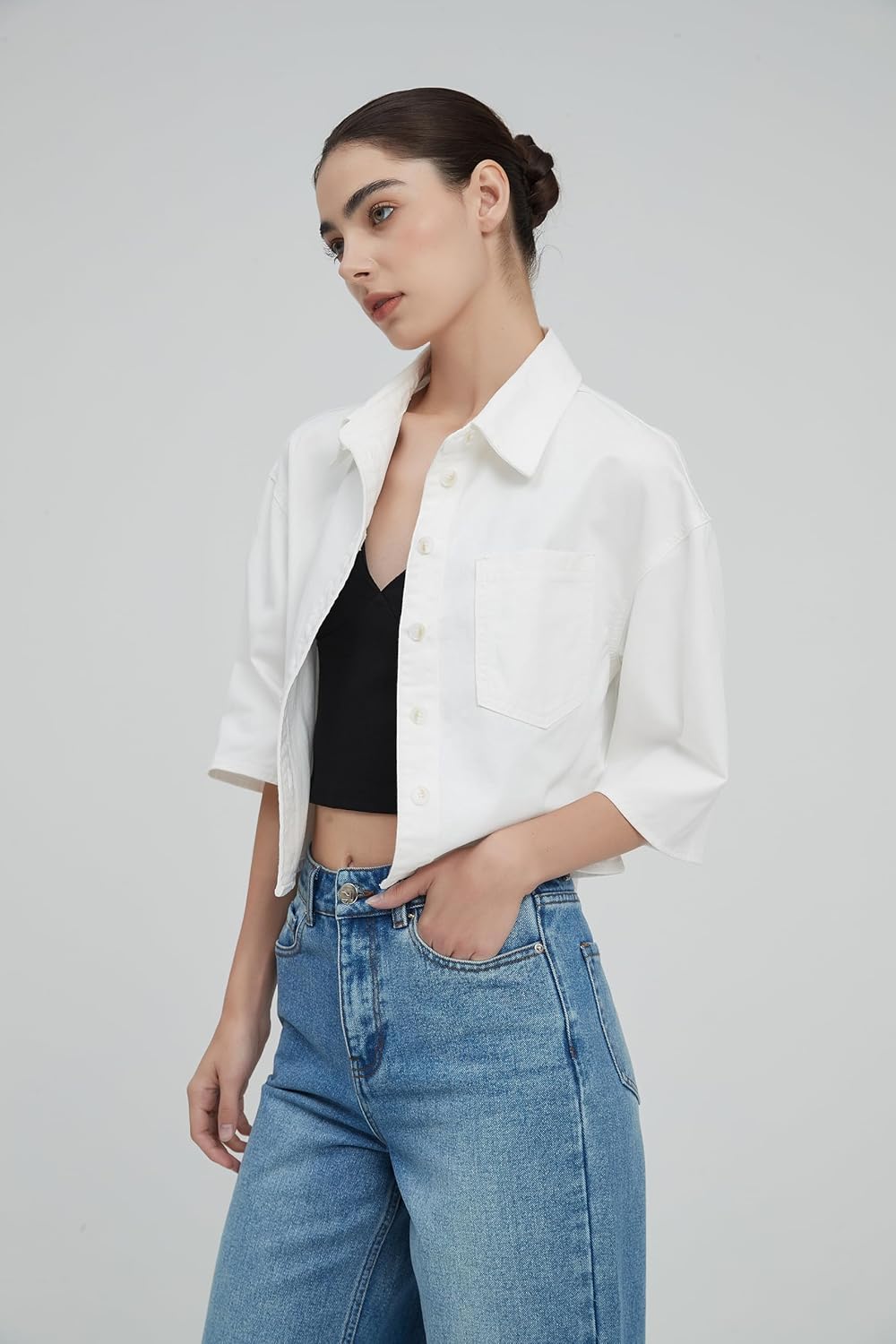 Women’s Cropped Denim Shirt Button Down Half Sleeve Casual Jean Jacket Lightweight Collared Summer Jean Top with Pocket - Image 2