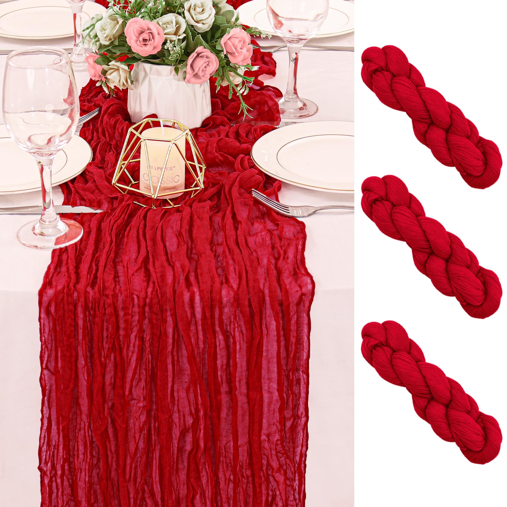 Photo 1 of 2 Pack 120 Inch Red Cheesecloth Table Runner Boho Rustic Gauze Sheer Romantic 10 FT Long Cheese Cloth Table Runner for Bridal Baby Shower Wedding Party Birthday Holiday Home Easter Decor