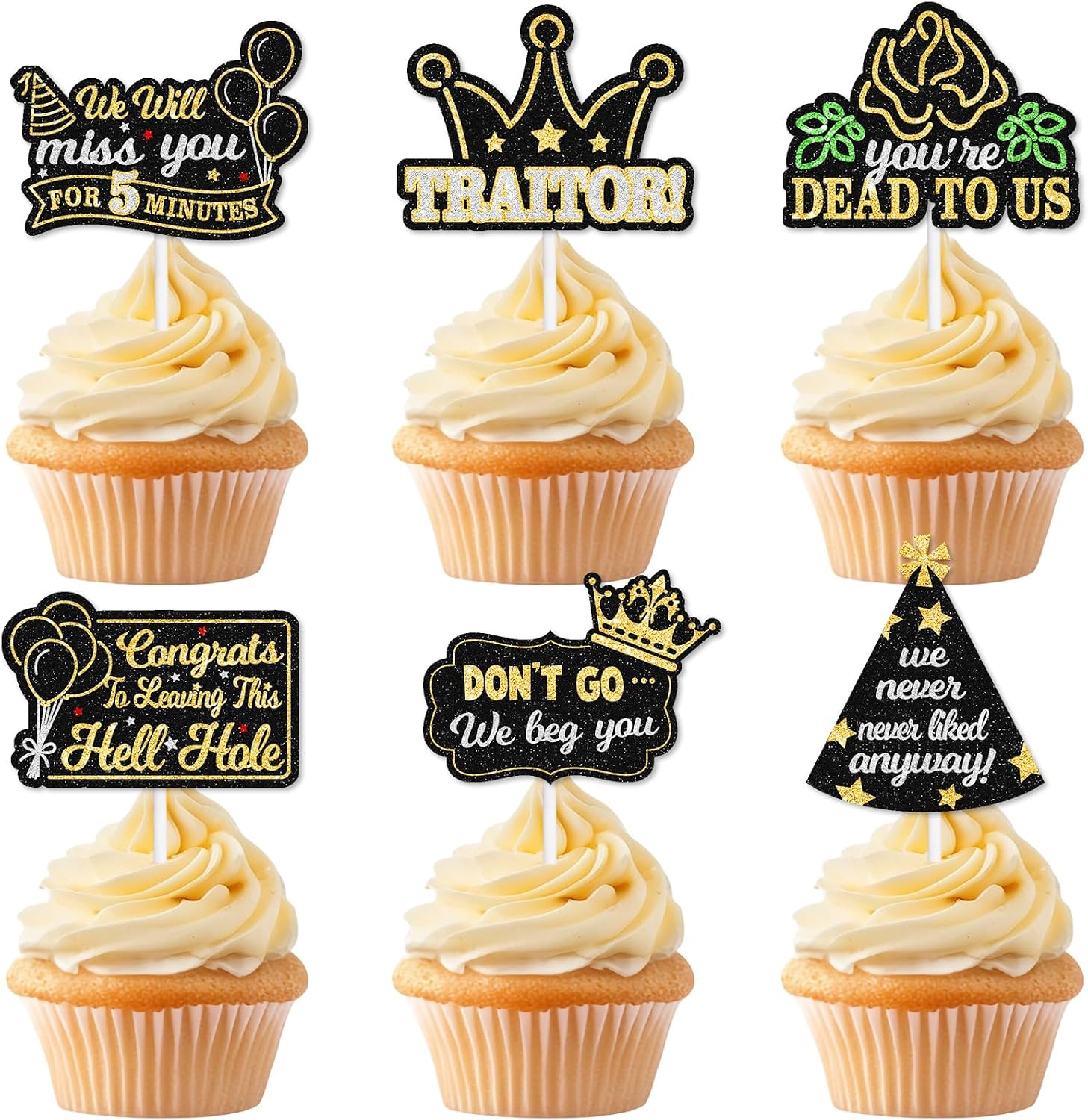 18Pcs Black Funny Farewell Cupcake Toppers Coworker Leaving Party Decor, Sarcastic "Traitor" "Dead To Us" Cake Picks for Going Away, New Job & Quitting Retirement Supplies