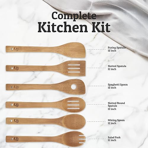 Miniatura 3 de PriorityChef - Cucharas de madera para cocinar, 6 piezas con soporte para utensilios, utensilios de cocina de bambú que no rayan, juego de