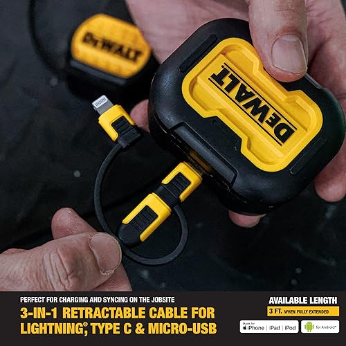 Miniatura 6 de DEWALT Cable de carga múltiple retráctil 3 en 1, cable de carga rápida de 3 pies, adaptador de cargador múltiple con Lightning/Tipo C/puerto micro