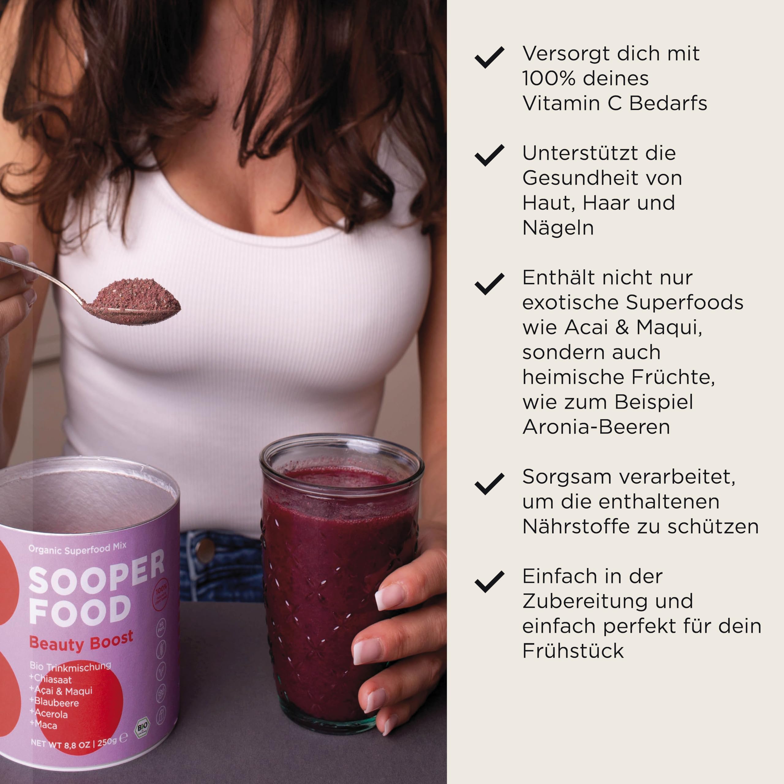 SOOPER FOOD® Beauty Boost 250g Pulver - Bio-Vegan-Addon im Superfood-Smoothie - Fruchtpulvermischung mit Bio-Macapulver, Lúcuma, Banane, Açai-Beeren, Acerola, Guaraná