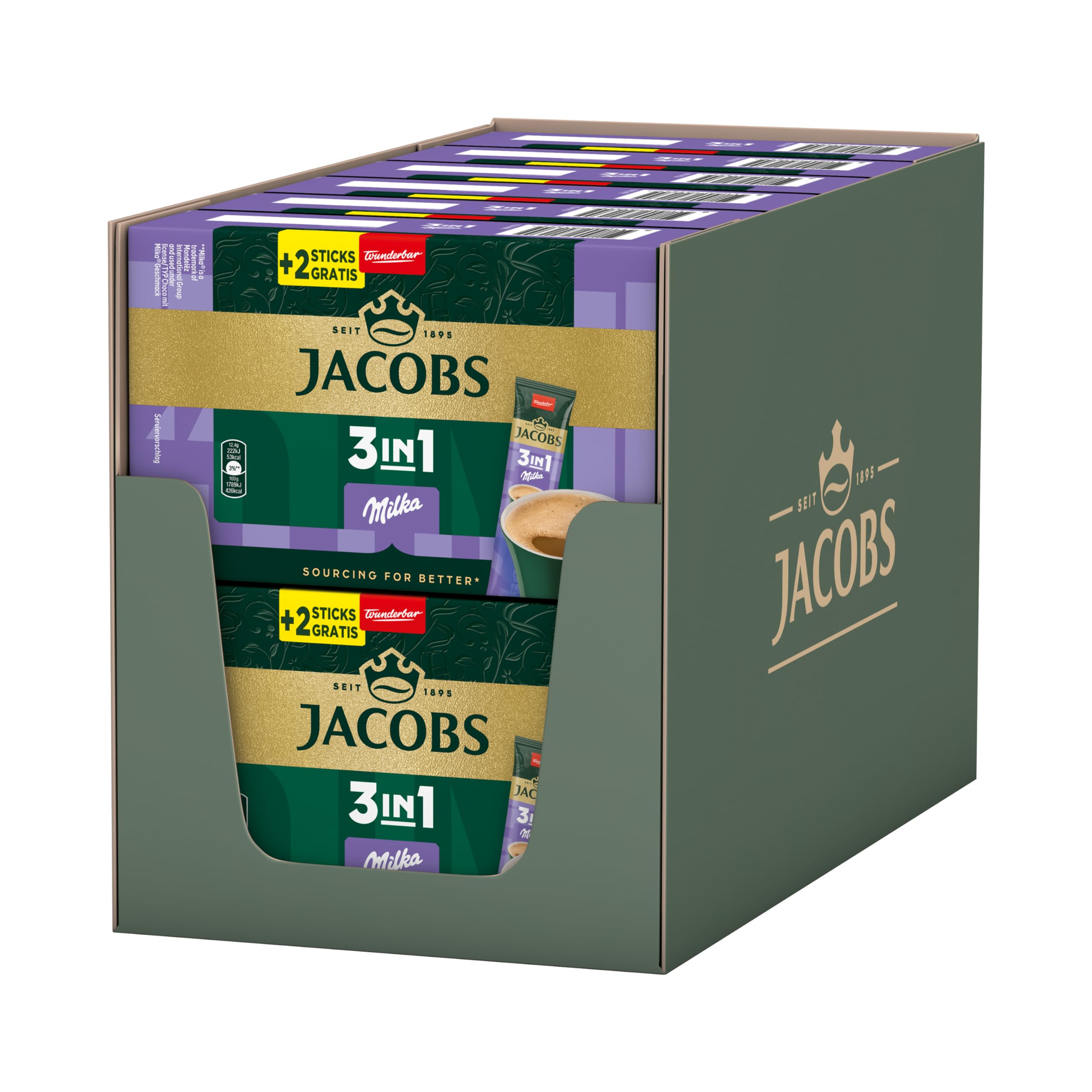 Jacobs 3in1 Milka, Instant Kaffee Sticks, löslicher Bohnenkaffee mit Creamer und Zucker, 12 x 10+2 Sticks, 144 Getränke