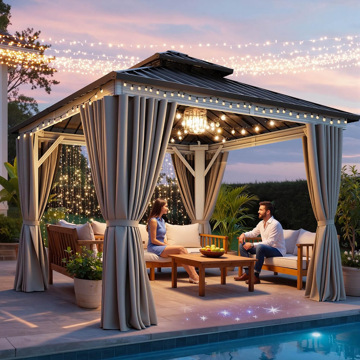 YITAHOME 10X10FT Gazebo Patios Hard Top Outdoor Double Roof Canopy Aluminum Frame Metal Top Garden Gazebo with Curtains Netting for Backyards Decks Lawns, White