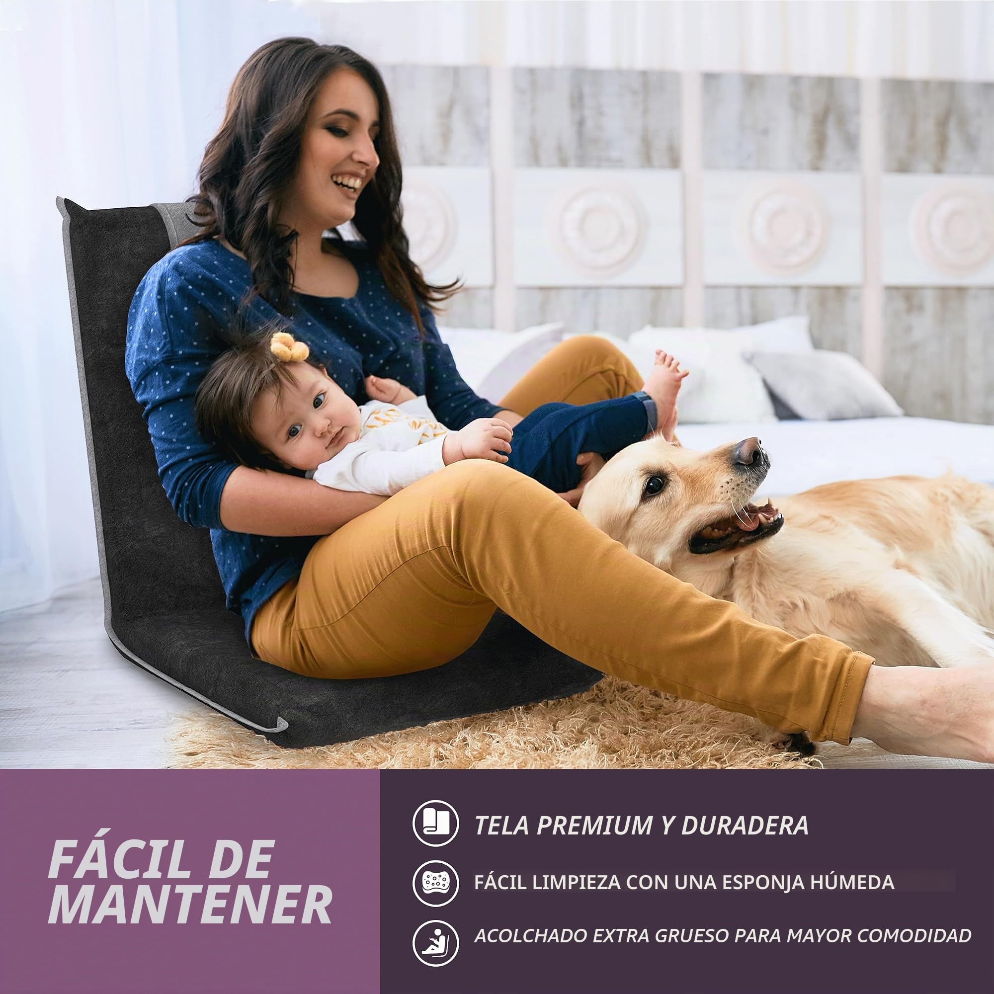 bonVIVO Silla Plegable de Suelo con Respaldo reclinable para meditación, Lectura, Gaming y Relax, cojín Suelo Acolchado portátil para hogar y Oficina, Azul y Beis