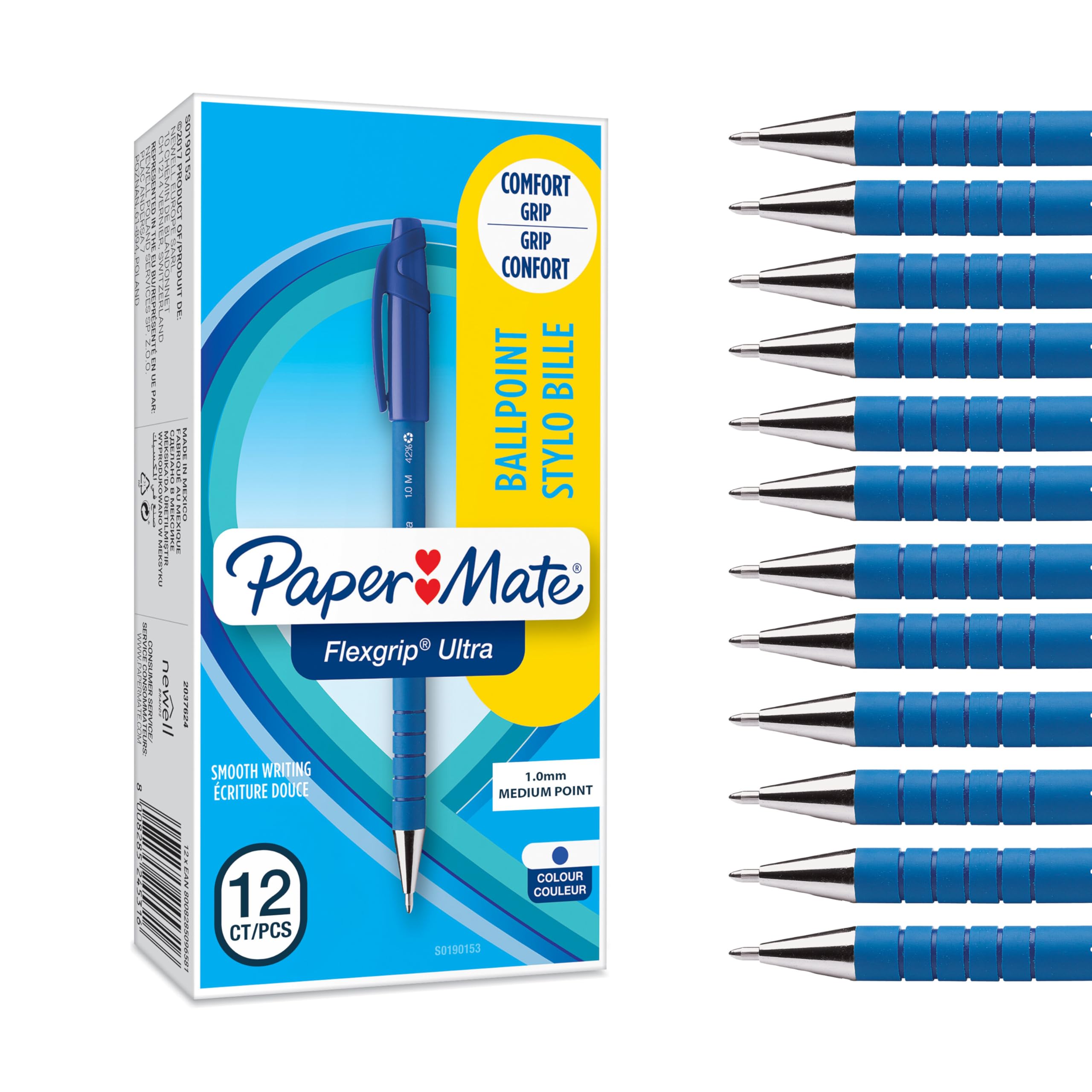 Paper Mate Flexgrip Ultra Ballpoint Pens | Medium Point (1.0mm) | Handwriting Pens & Stationery Supplies | Blue Pen Set | 12 Count